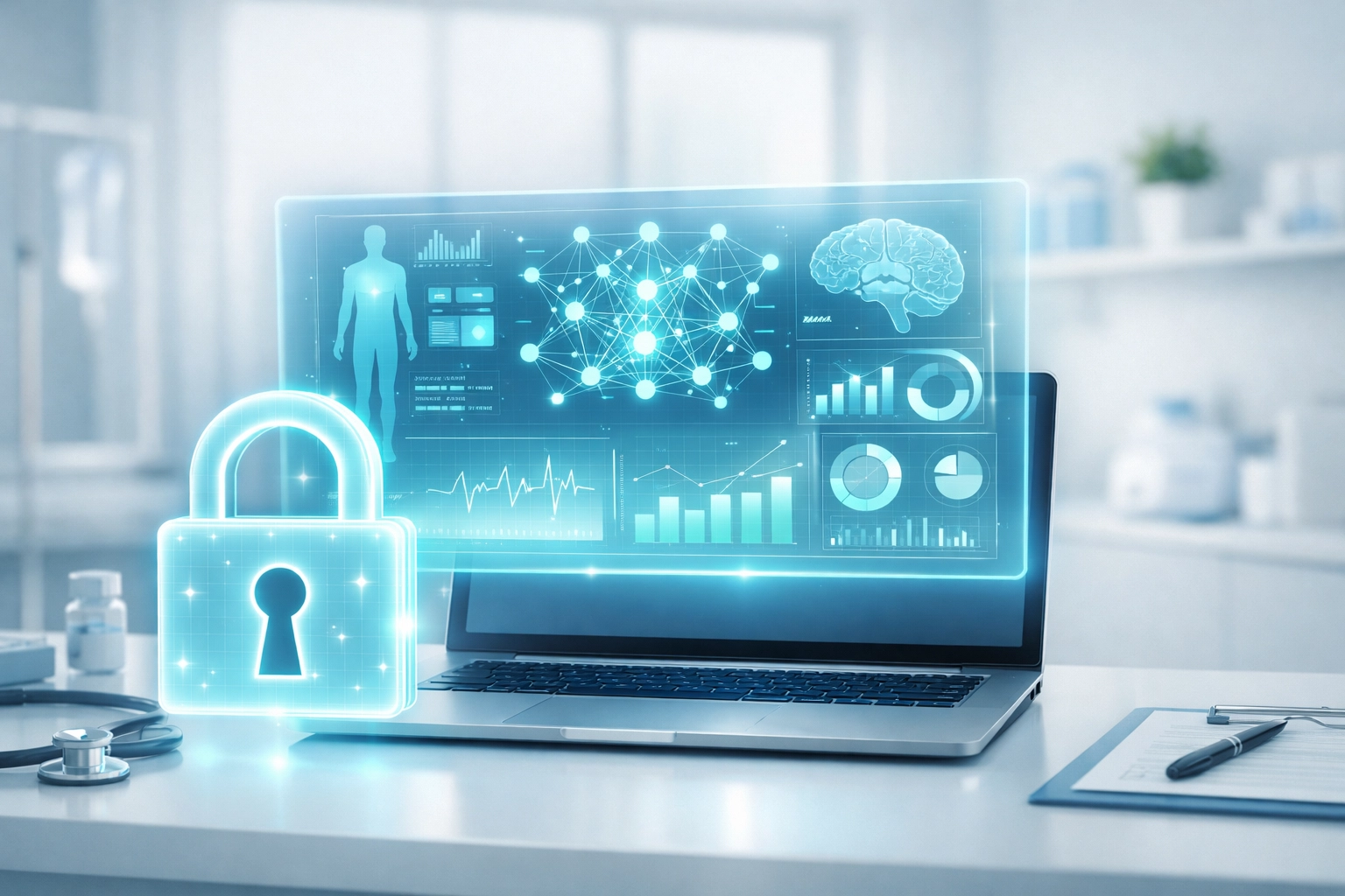 Healthcare AI interface with encryption padlock showing HIPAA-compliant patient data security