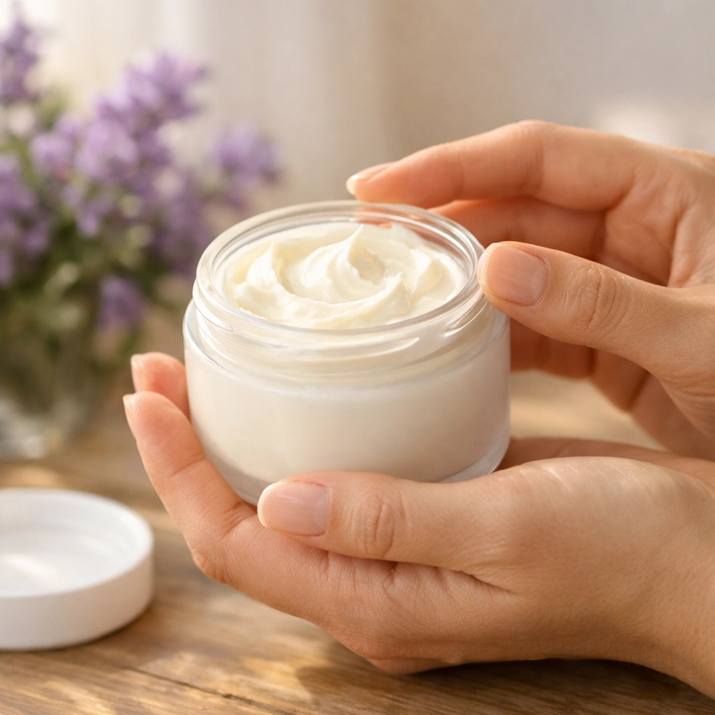 Hands examining high-quality bee venom bath butter jar for therapeutic skincare