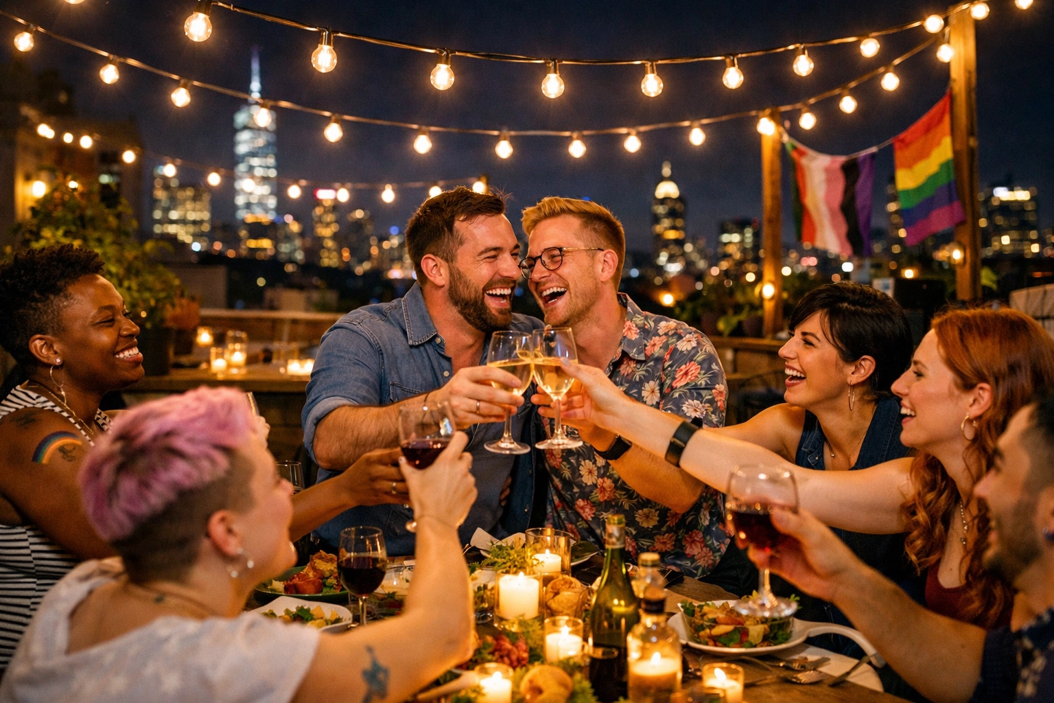 Diverse LGBTQ+ friends and chosen family celebrating together at a festive rooftop dinner party.