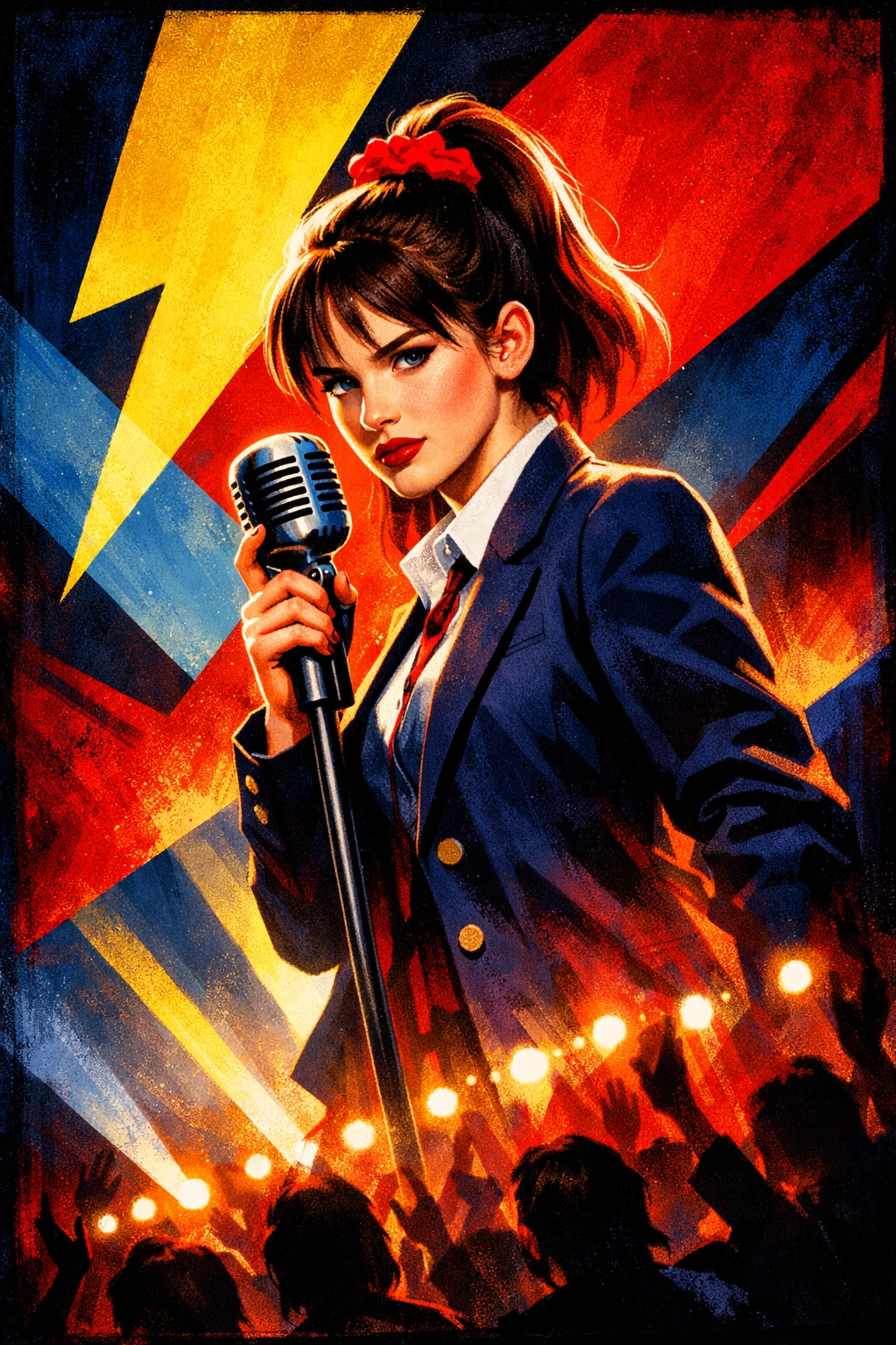 Teen singer performing Heathers musical audition with microphone on stage