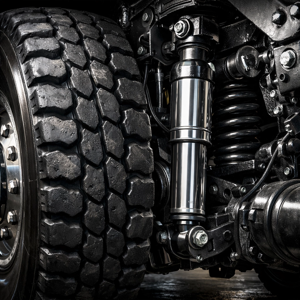Commercial tire with cupping wear next to a heavy truck shock absorber and suspension system.