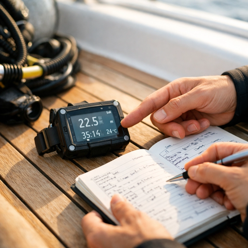 A dive mentor showing a beginner how to use a dive computer on a group liveaboard trip.