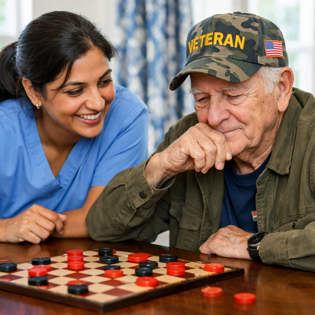An elderly veteran and caregiver enjoying a game of checkers for companionship and mental stimulation.