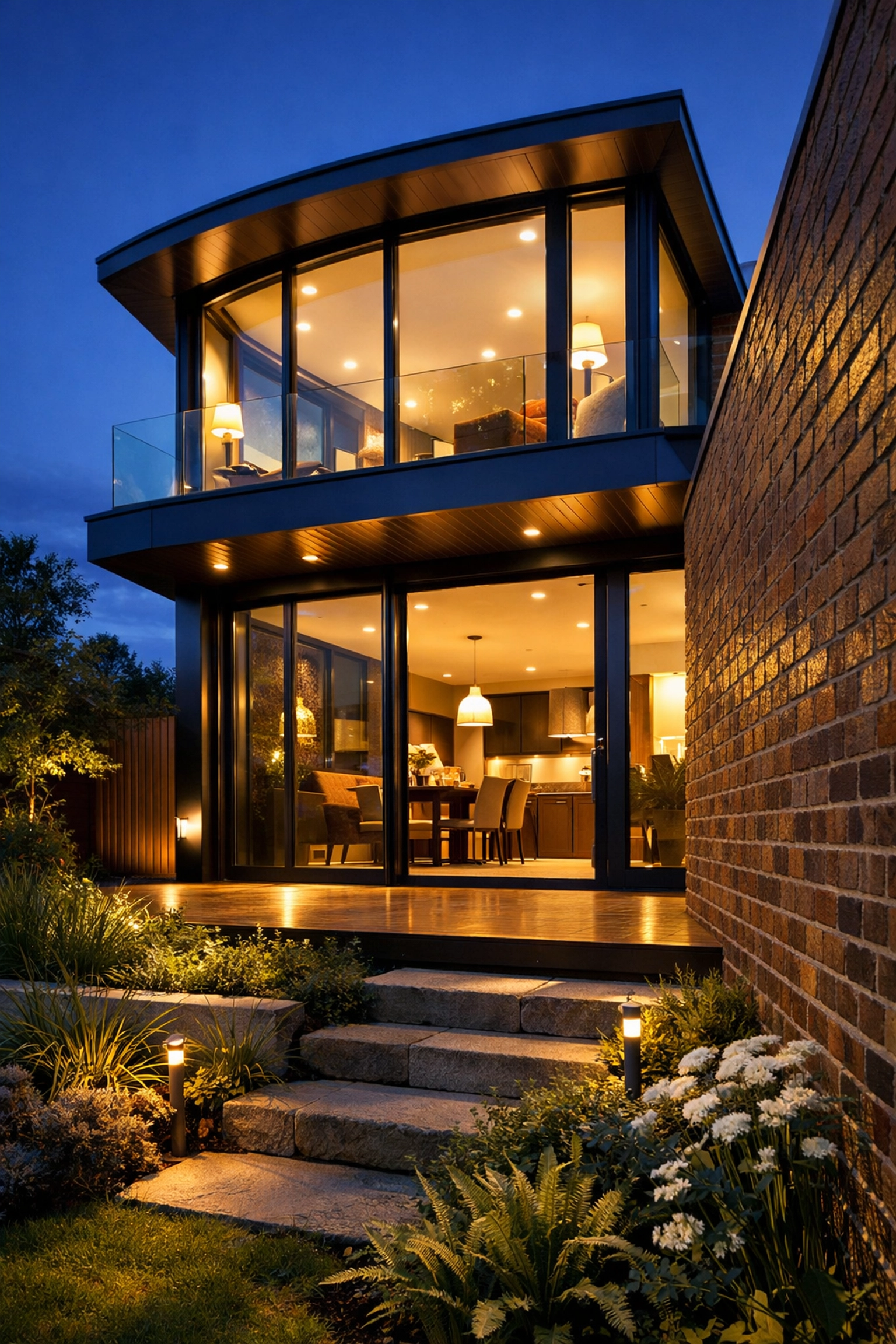 Architectural home extension in West Sussex featuring a modern sky pod and floor-to-ceiling glass doors.