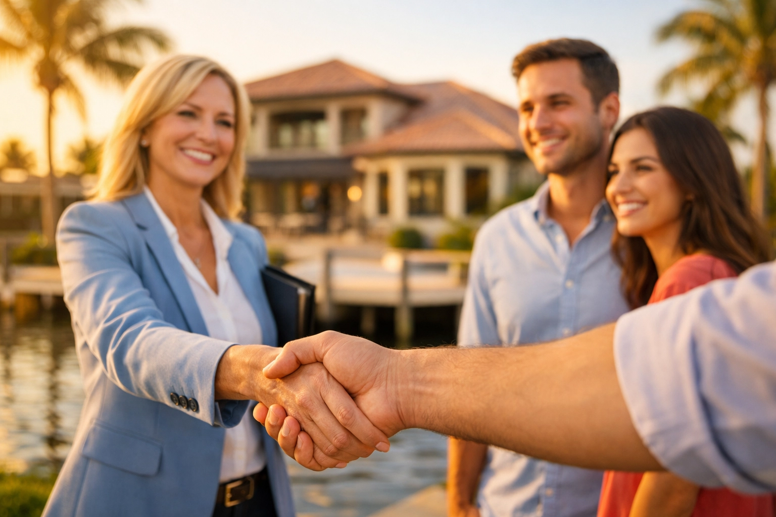 Cape Coral real estate agent meeting with buyers at waterfront home