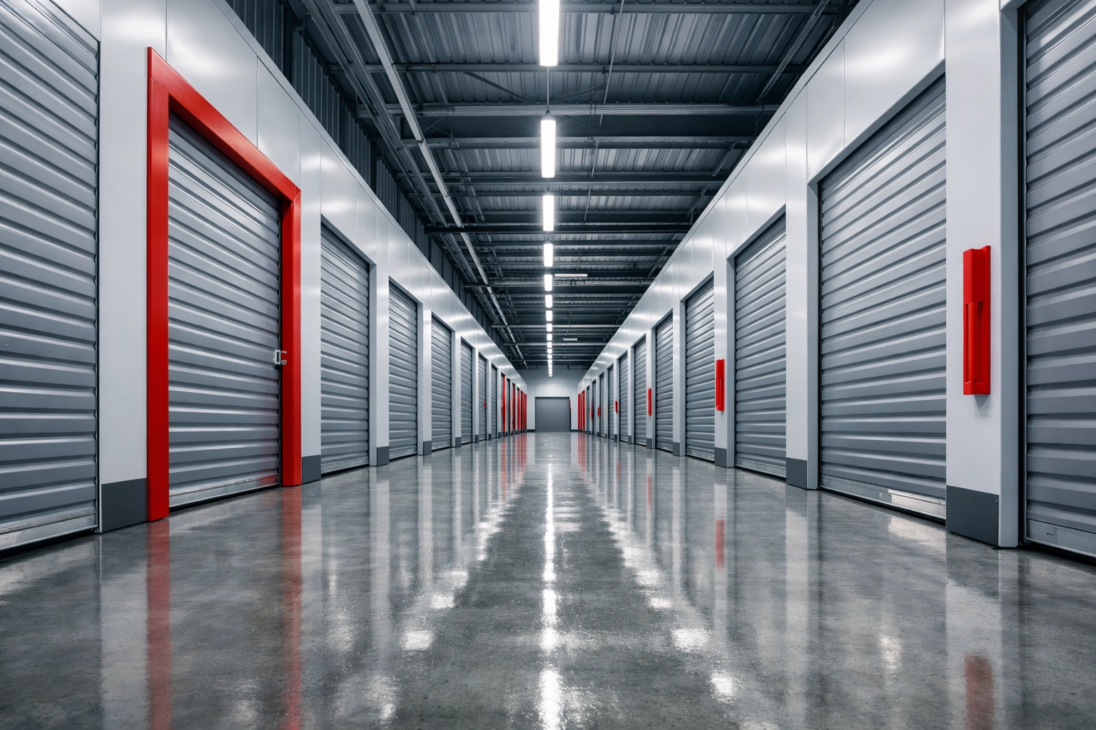 Secure indoor hertford storage units with organized corridors for business and retail stock.