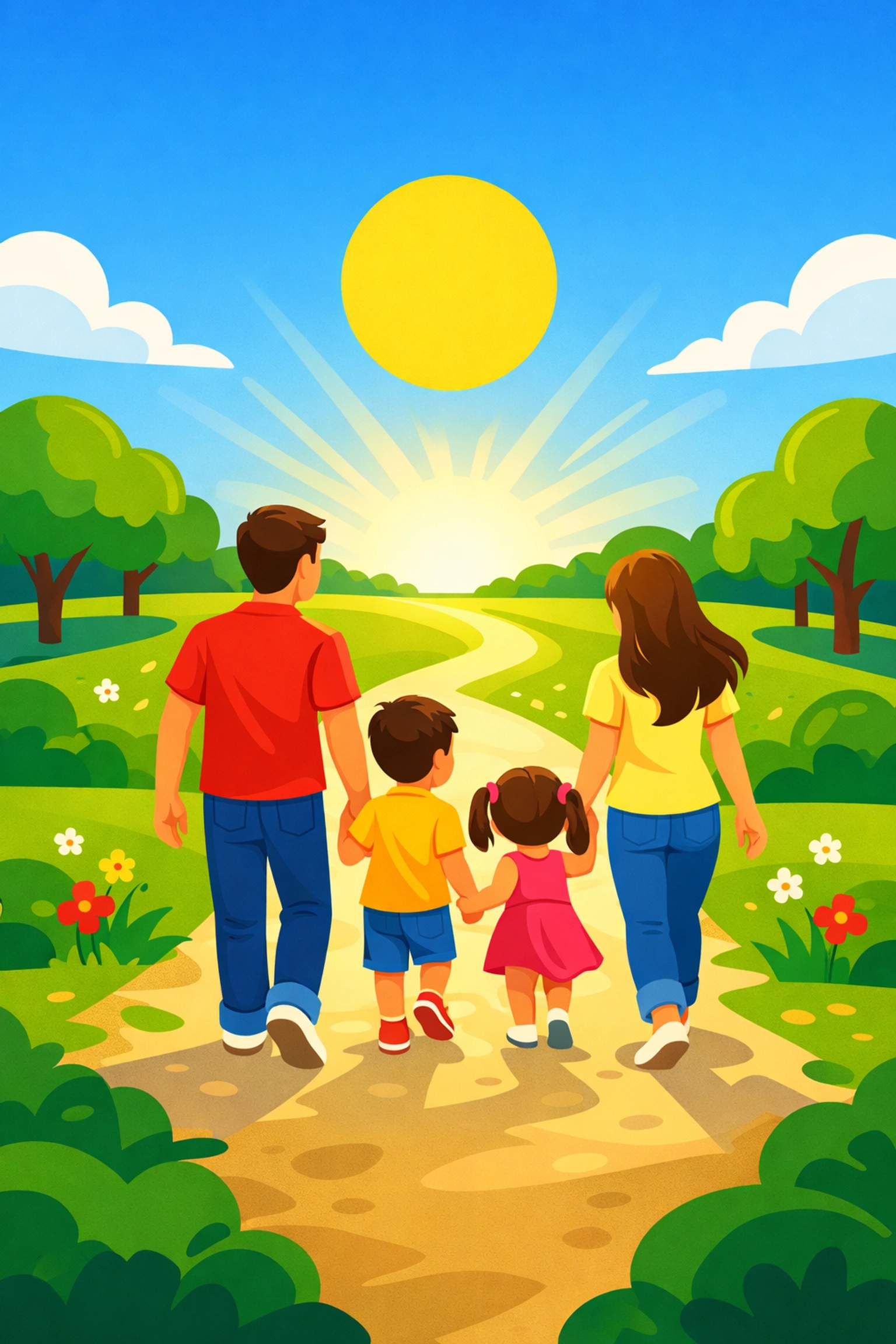 A family walking hand-in-hand in a sunny park, representing a healthy, faith-based lifestyle.