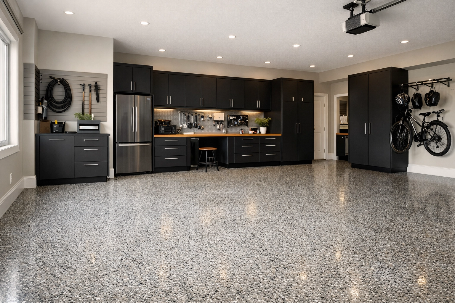 A luxury Regina garage showroom featuring professional polyaspartic floor coating and modern storage.