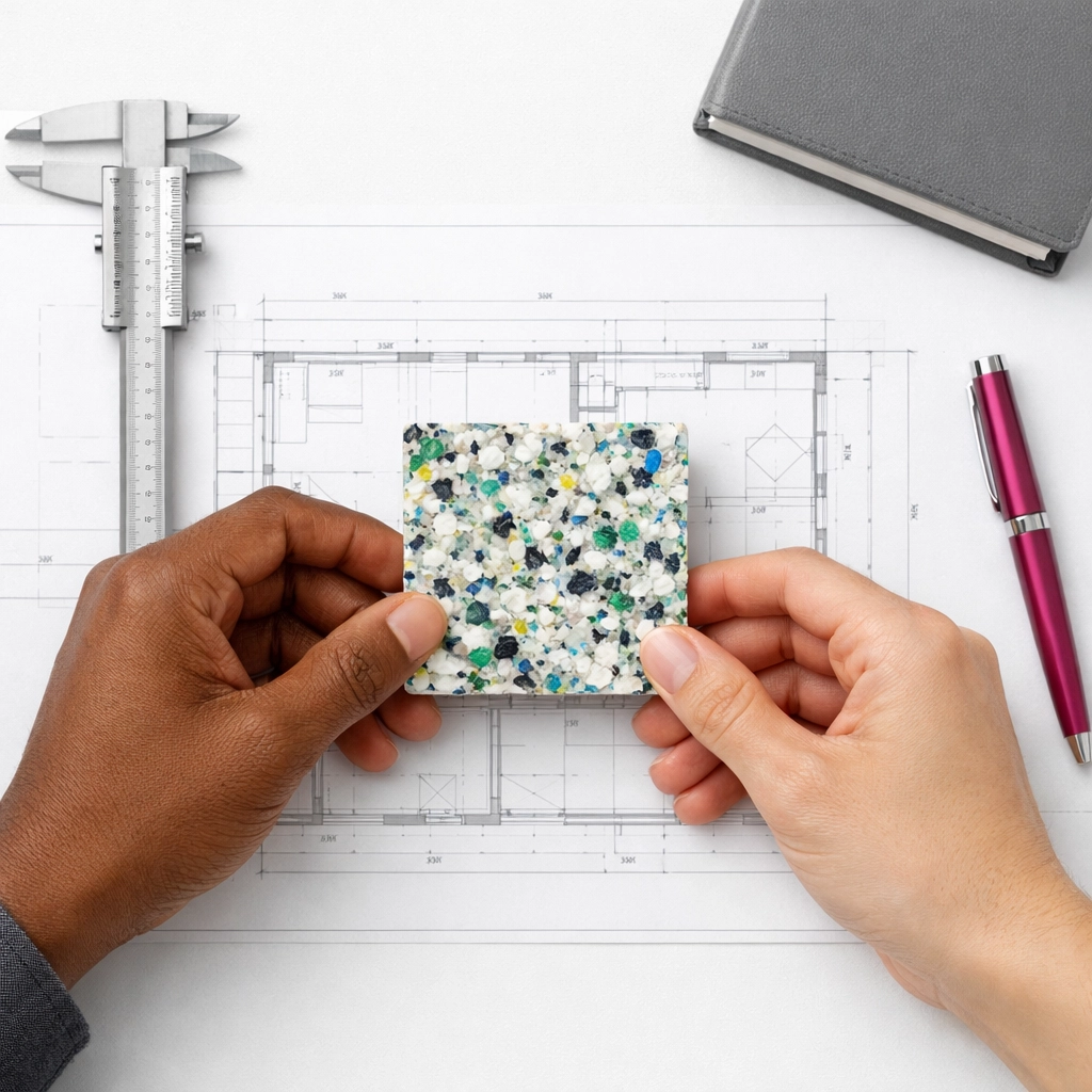 Architect reviewing a recycled plastic sample on a technical drawing for performance-based building compliance.