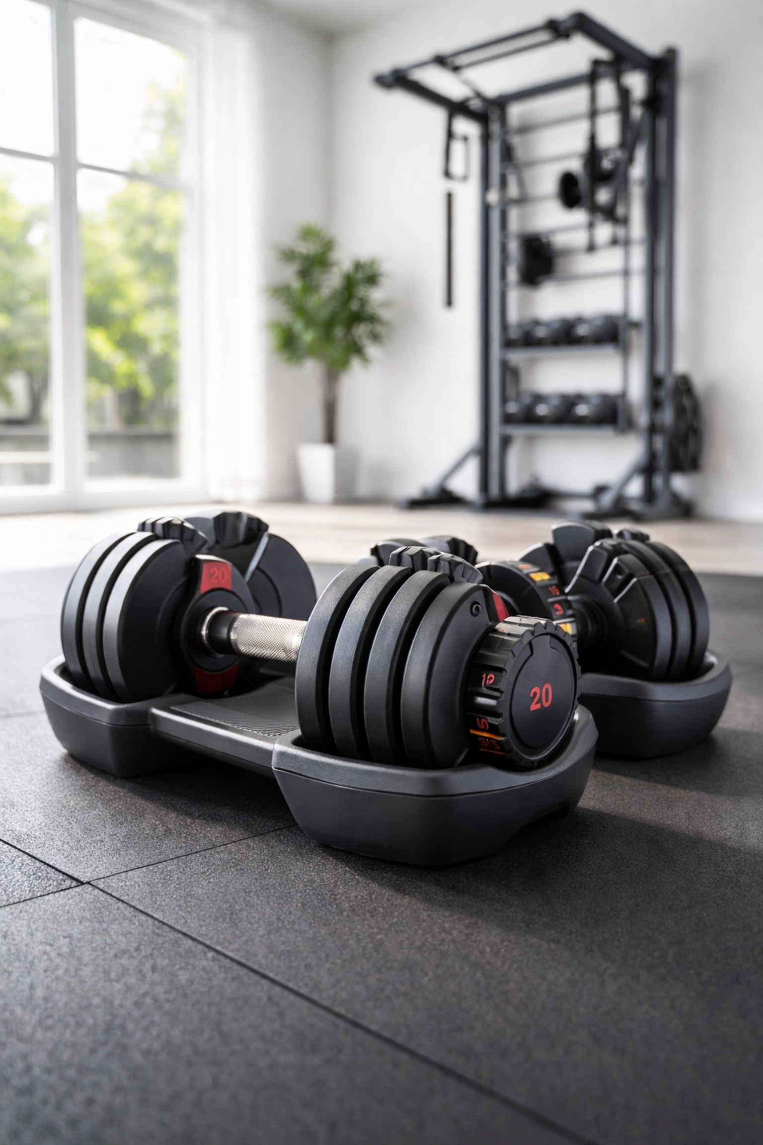 Set of premium adjustable dumbbells in a modern home gym to enhance resistance training and home gym versatility