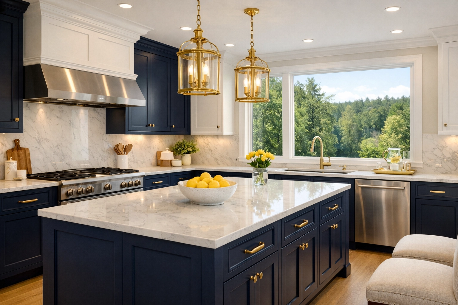 Boxford luxury cleaning for a high-end estate kitchen featuring marble counters and scenic forest views.