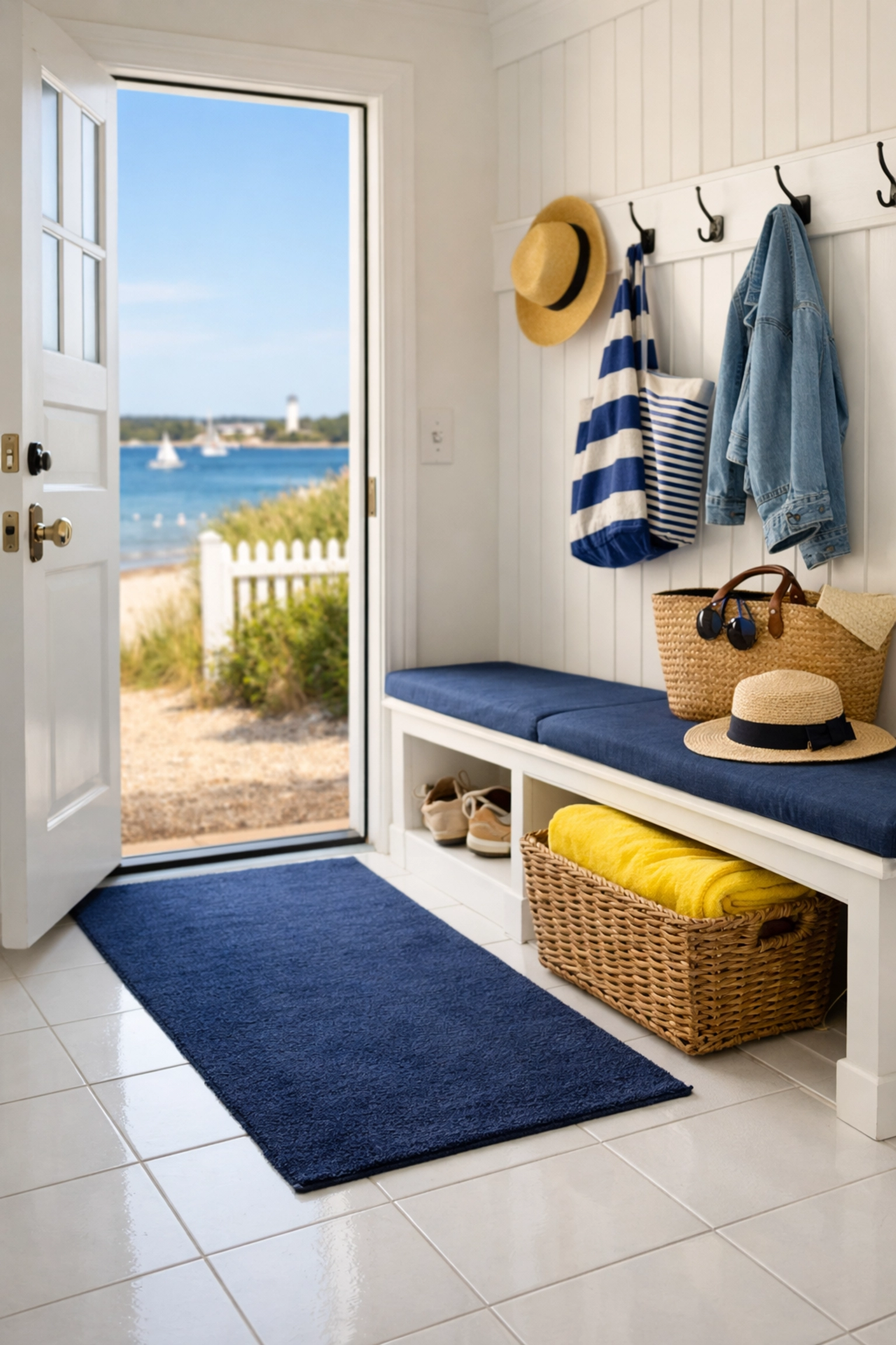 Spotless Falmouth entryway showing how weekly house cleaning keeps beach sand out of the home.