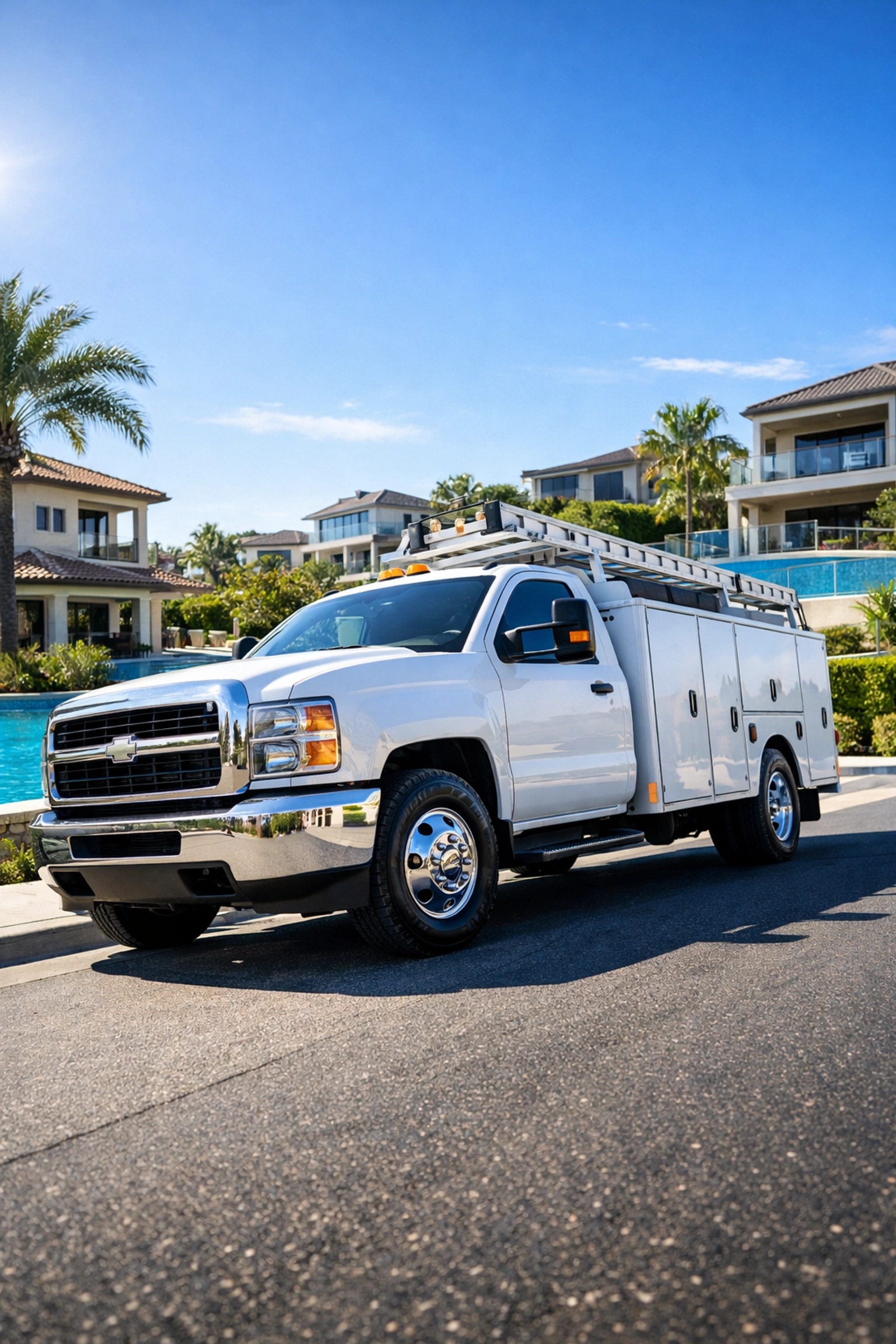 Professional service truck in a dense neighborhood, showcasing profitable pool routes for sale in Texas and Florida.