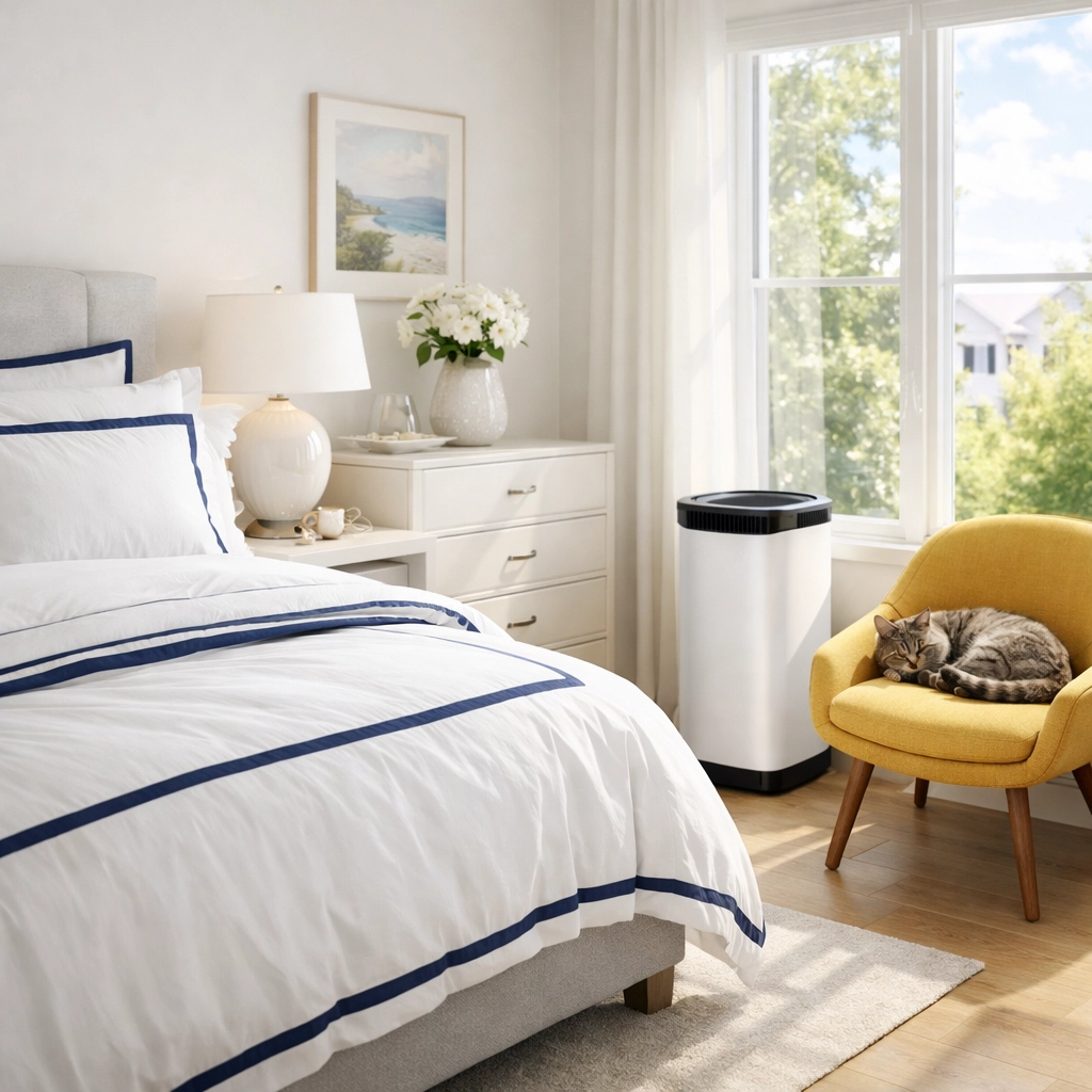 Clean Massachusetts bedroom featuring an air purifier to remove pet dander after a professional deep cleaning.