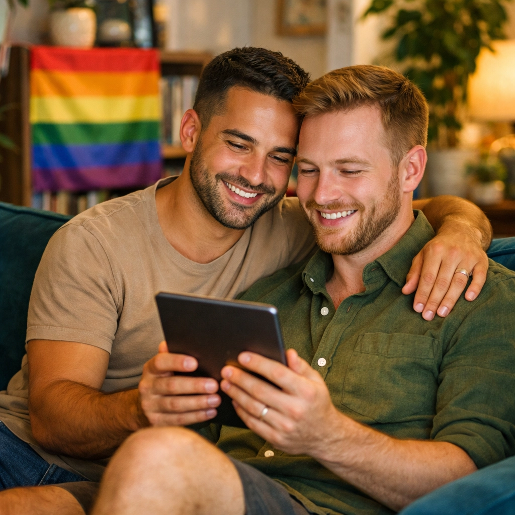 A happy gay couple reading an MM romance book together on a sofa in their cozy home.