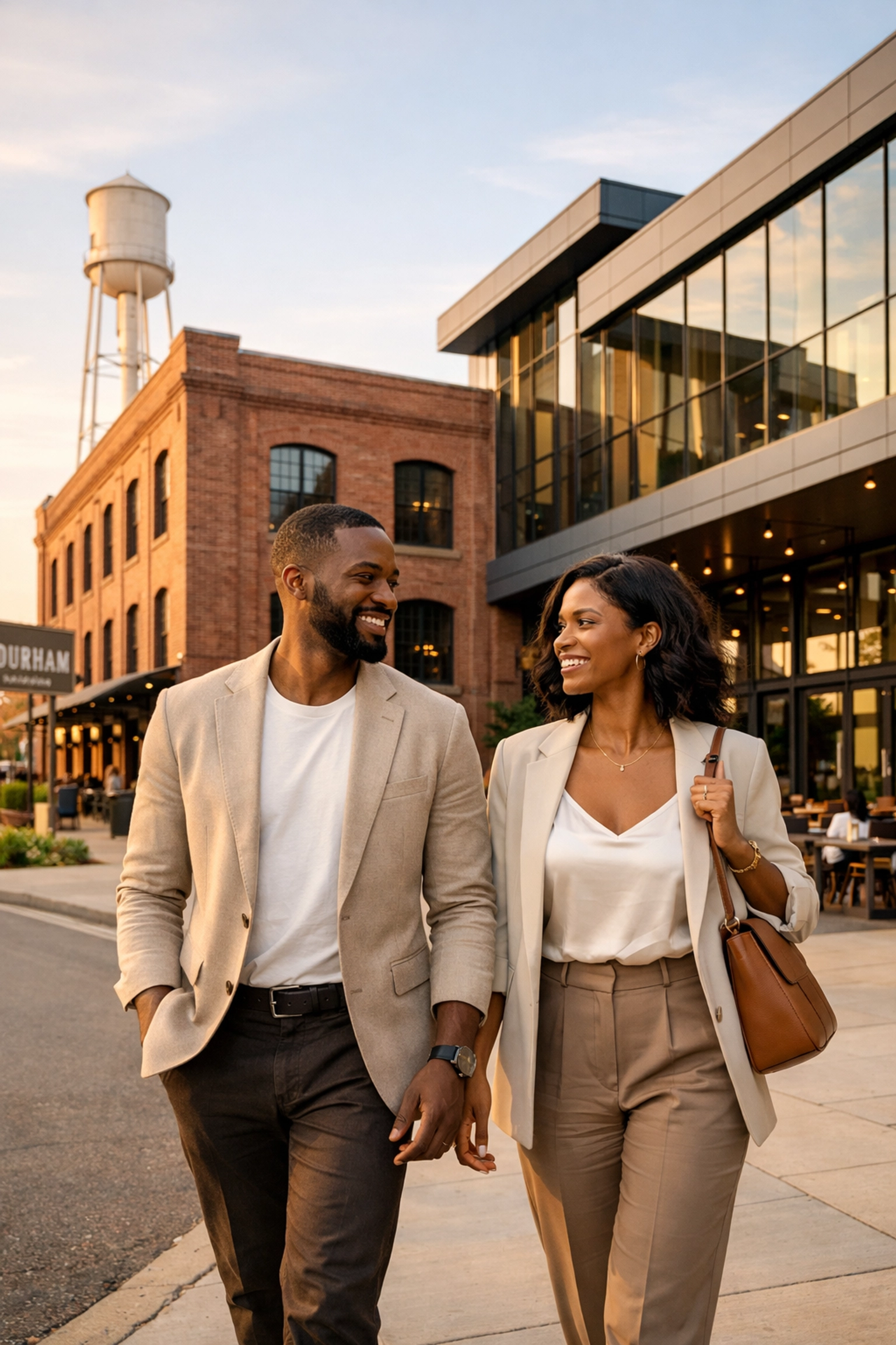 Black couple walking past historic architecture and modern buildings in the Durham triangle real estate market.
