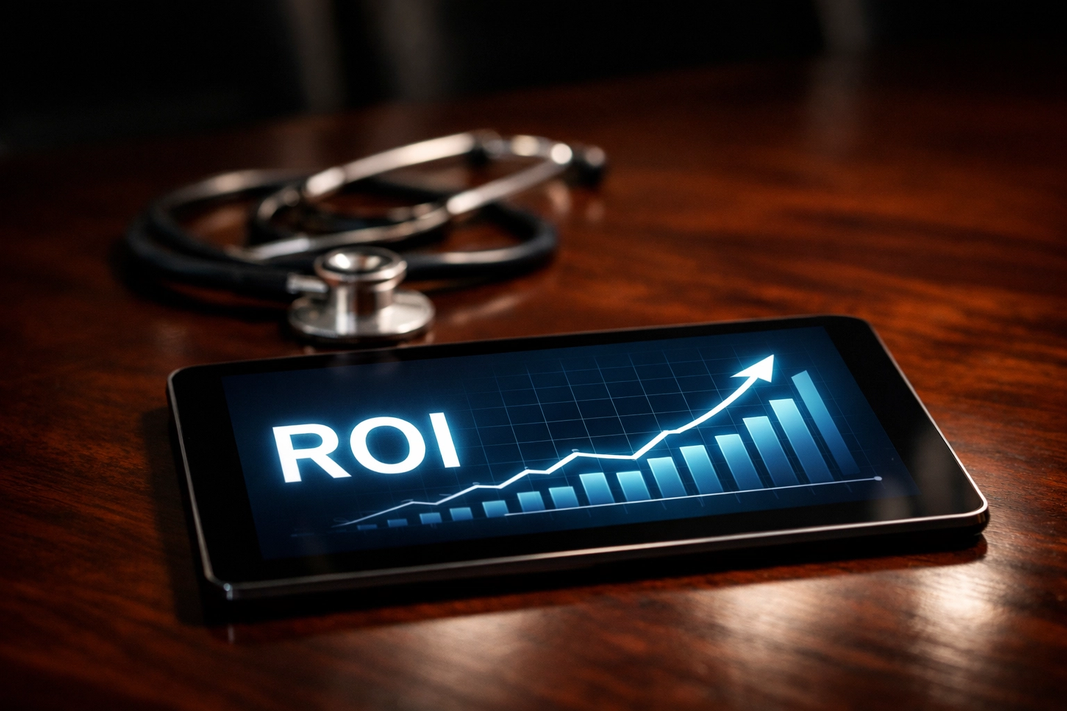 Digital tablet showing a rising ROI chart next to an abandoned stethoscope, highlighting profit-driven healthcare tech.