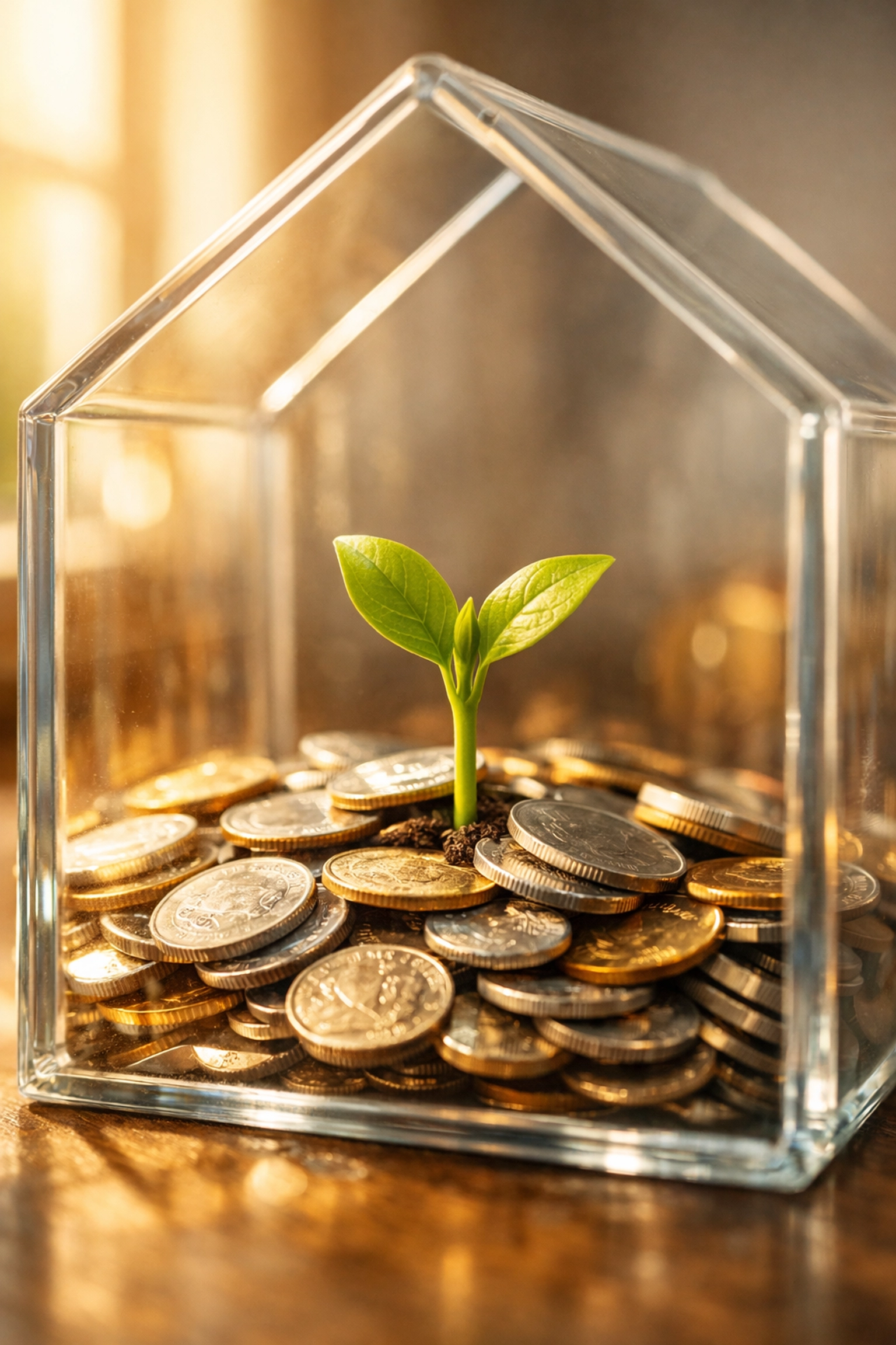 A small green sprout growing from coins in a house-shaped glass jar, representing financial growth.