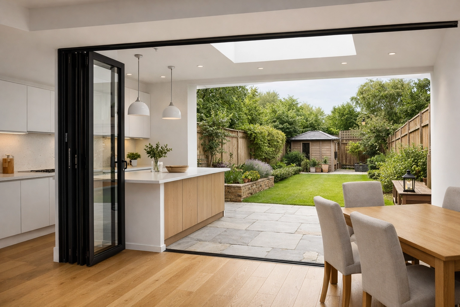 Modern open-plan kitchen extension in London with bi-fold doors connecting to a garden patio.