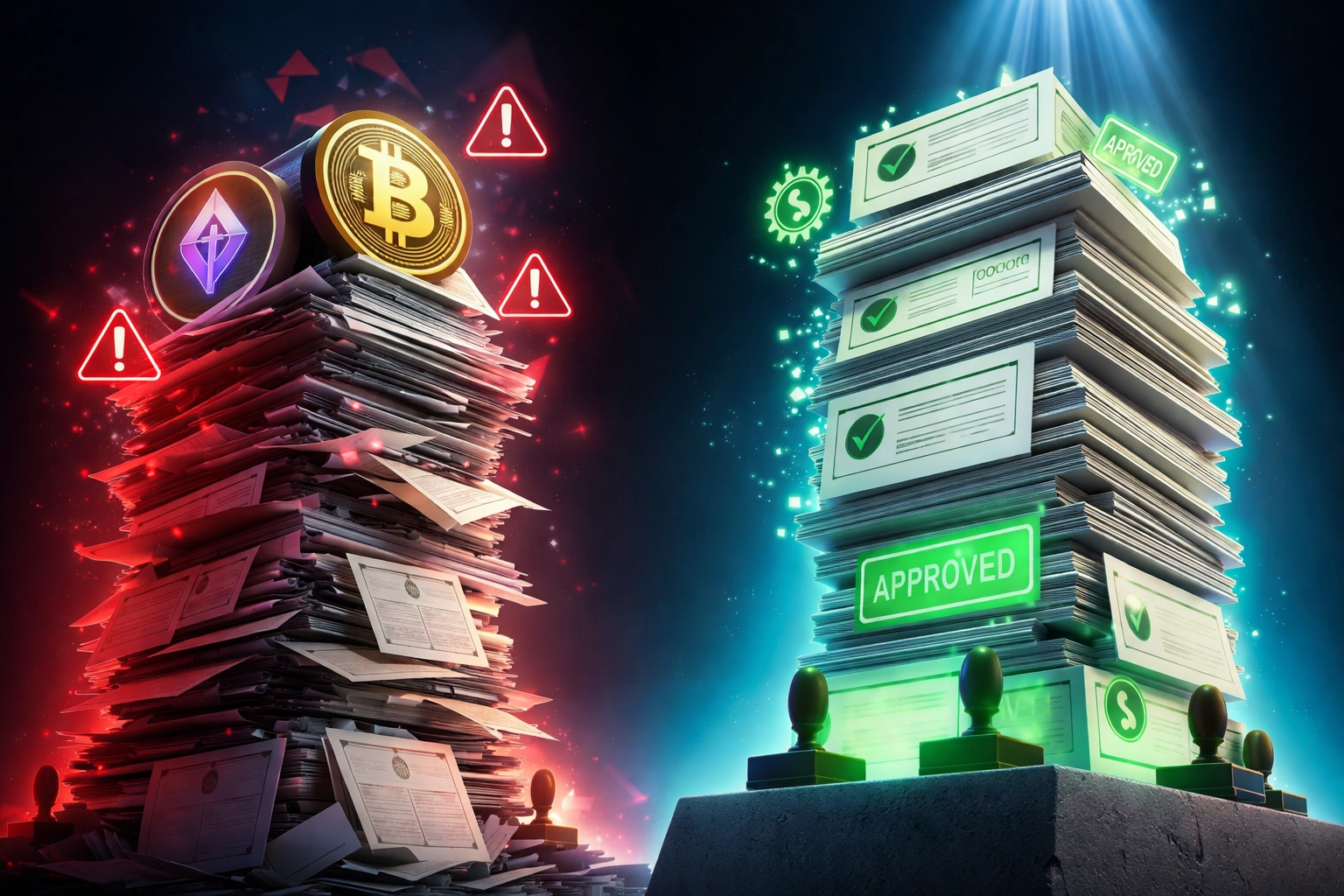 Stack of compliance certificates and legal documents highlighting the importance of US licensing for crypto payment processors