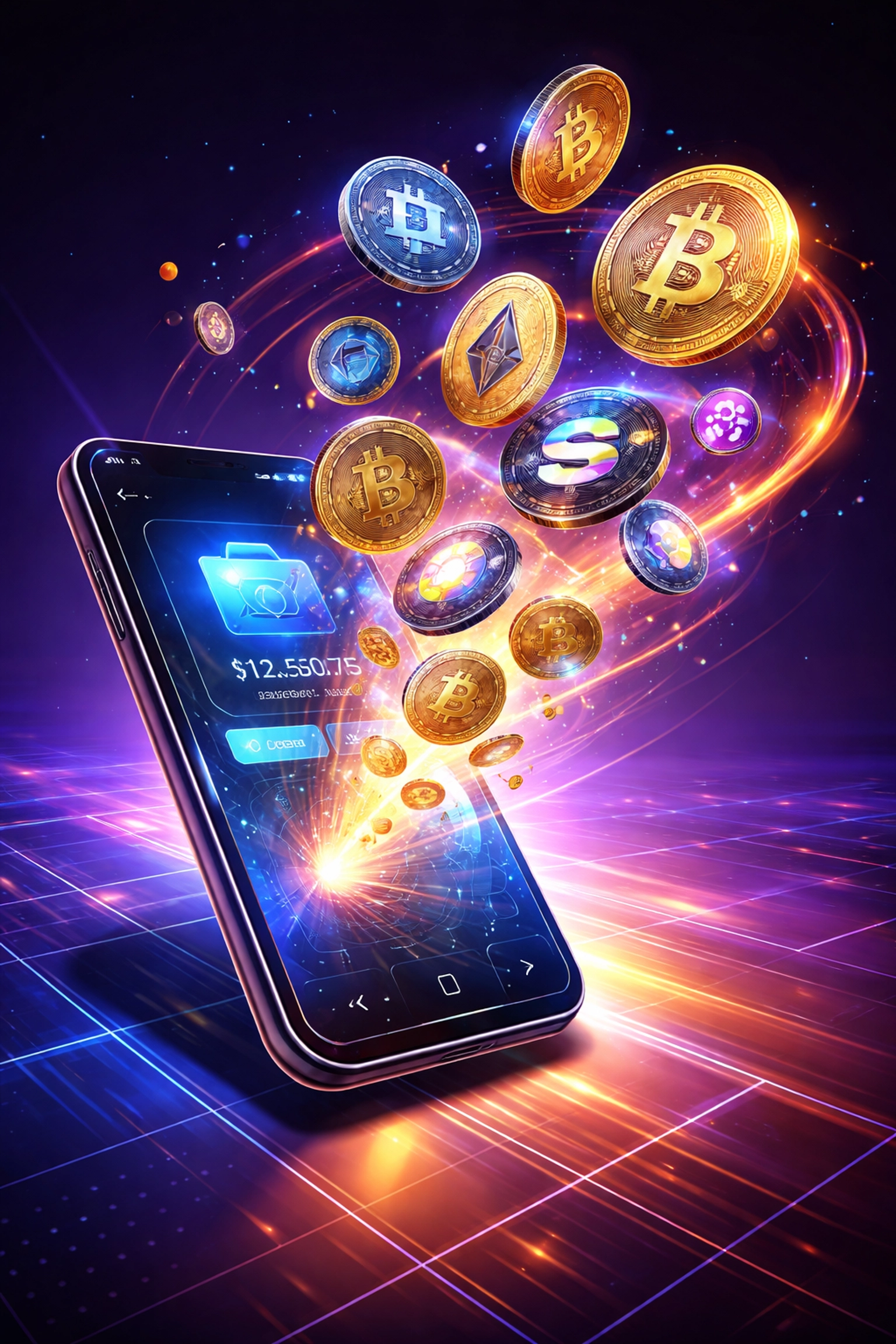 Futuristic smartphone with digital wallet displaying crypto coins, highlighting instant, self-custody payments for small businesses