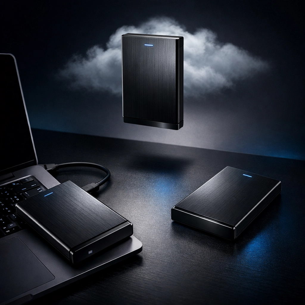 Three backup drives demonstrating 3-2-1 data backup strategy for business protection