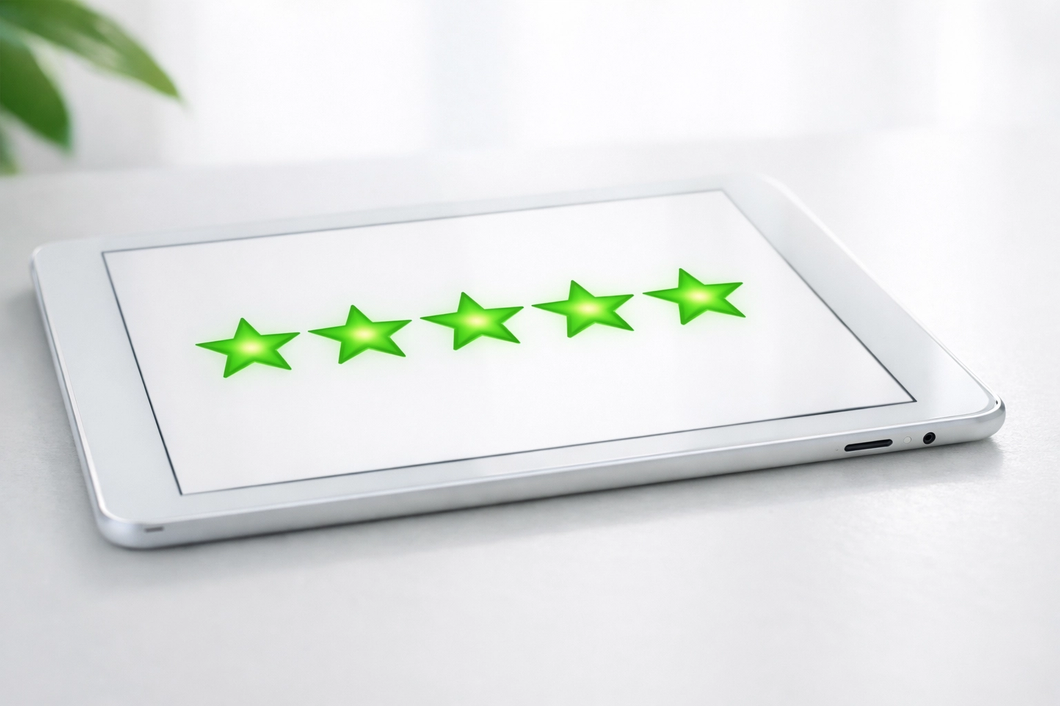 Tablet displaying a five-star rating to represent successful Google review management for local shops.
