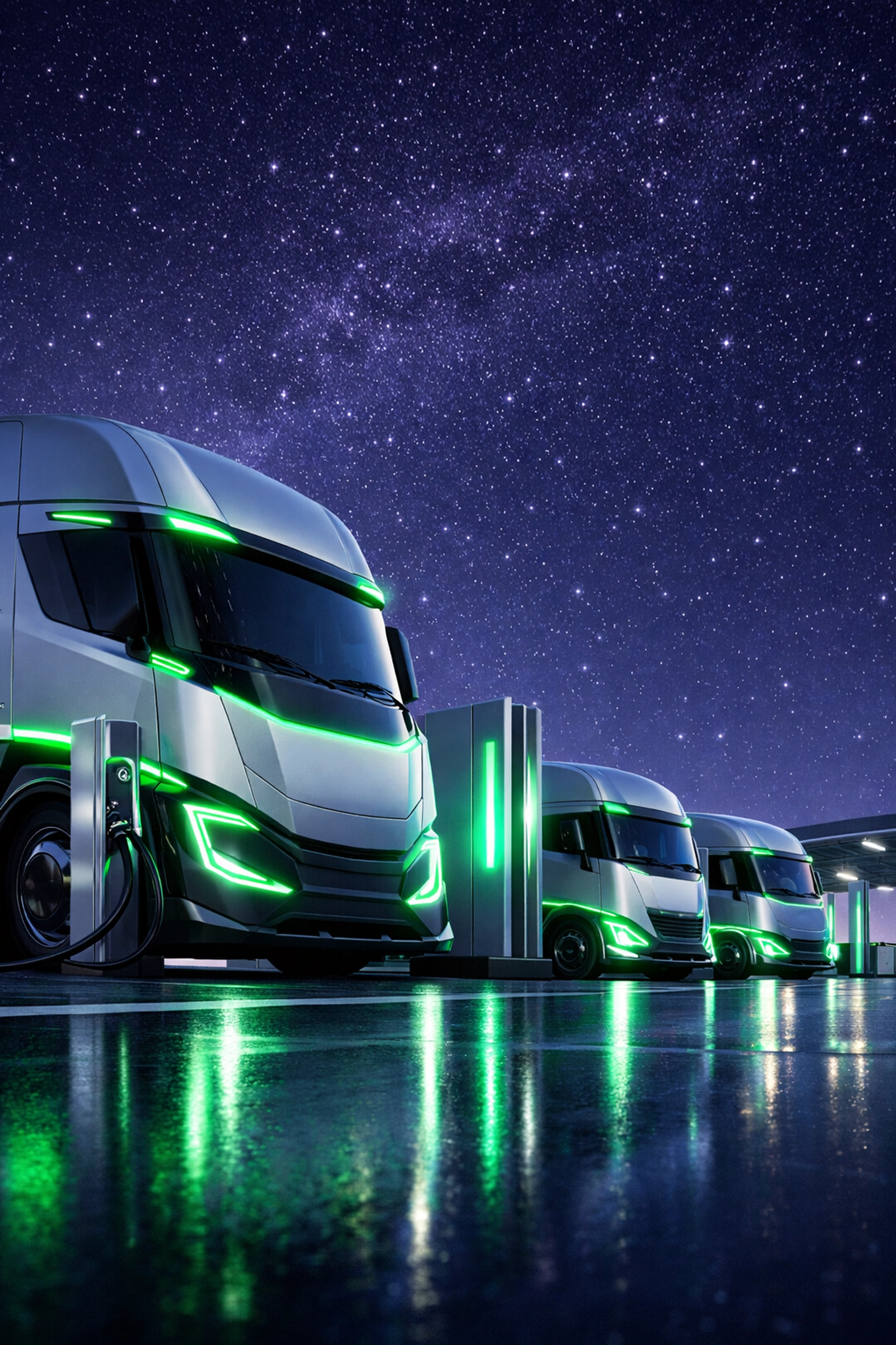 Fleet of futuristic electric HGV trucks at a modern charging depot in the North West.