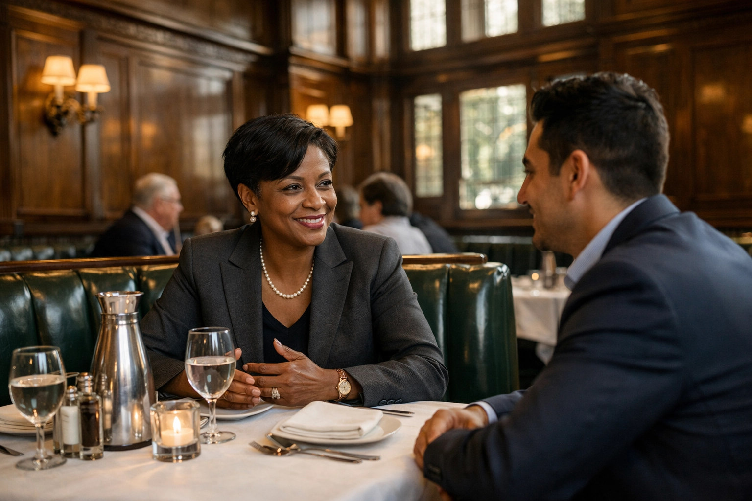 Business executives discussing deals during a power lunch in a classic San Francisco restaurant.