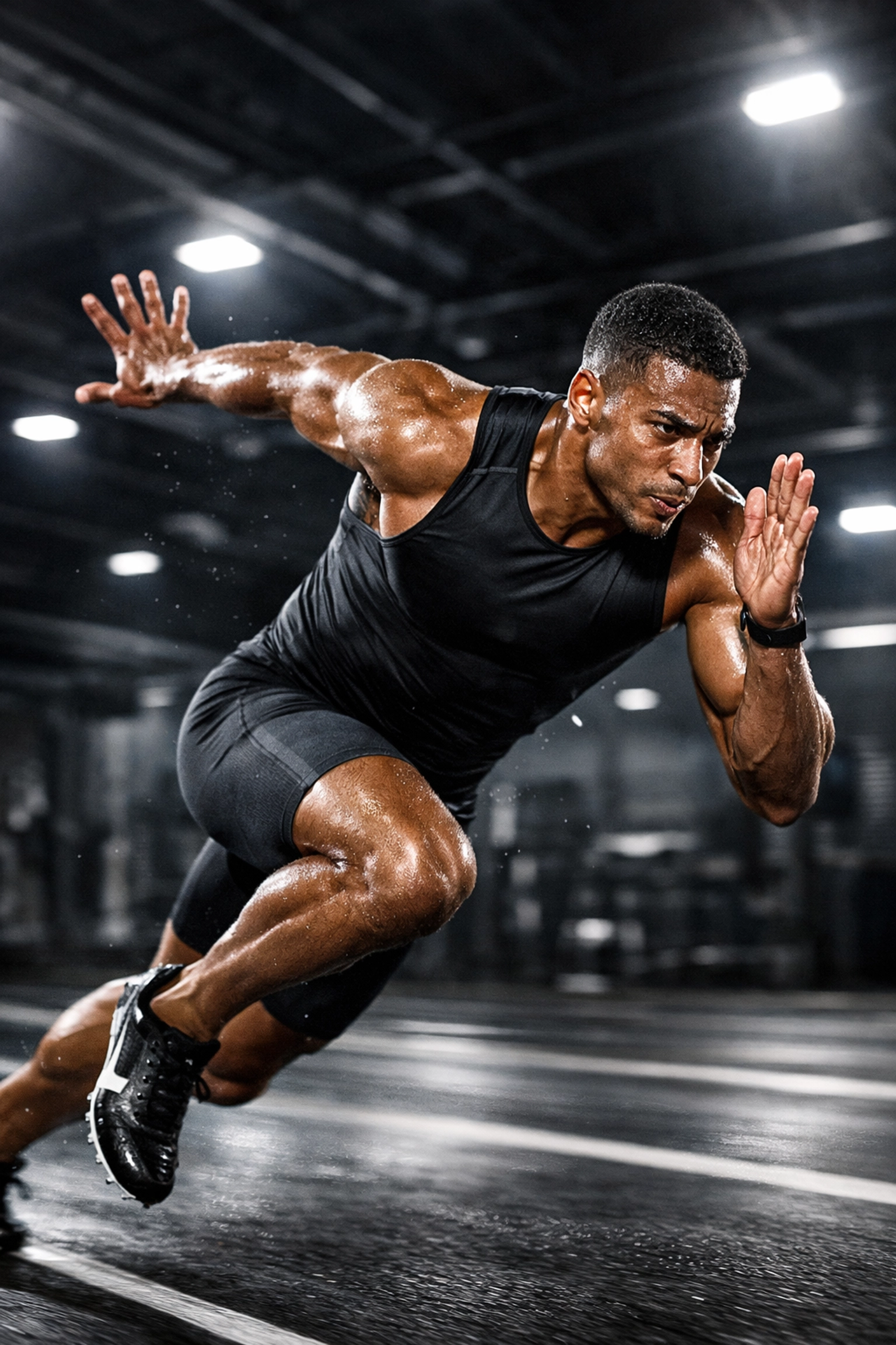 A high-performance athlete sprinting in a training facility, representing peak branding execution and NIL excellence.