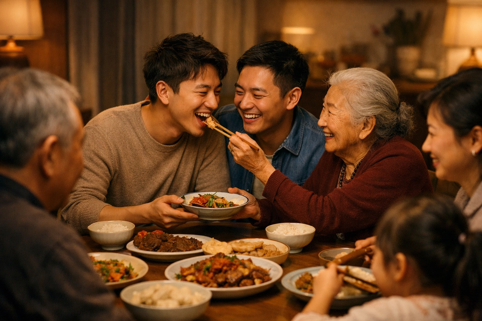 Gay couple enjoying a traditional family dinner with an East Asian grandmother, showing cultural acceptance.
