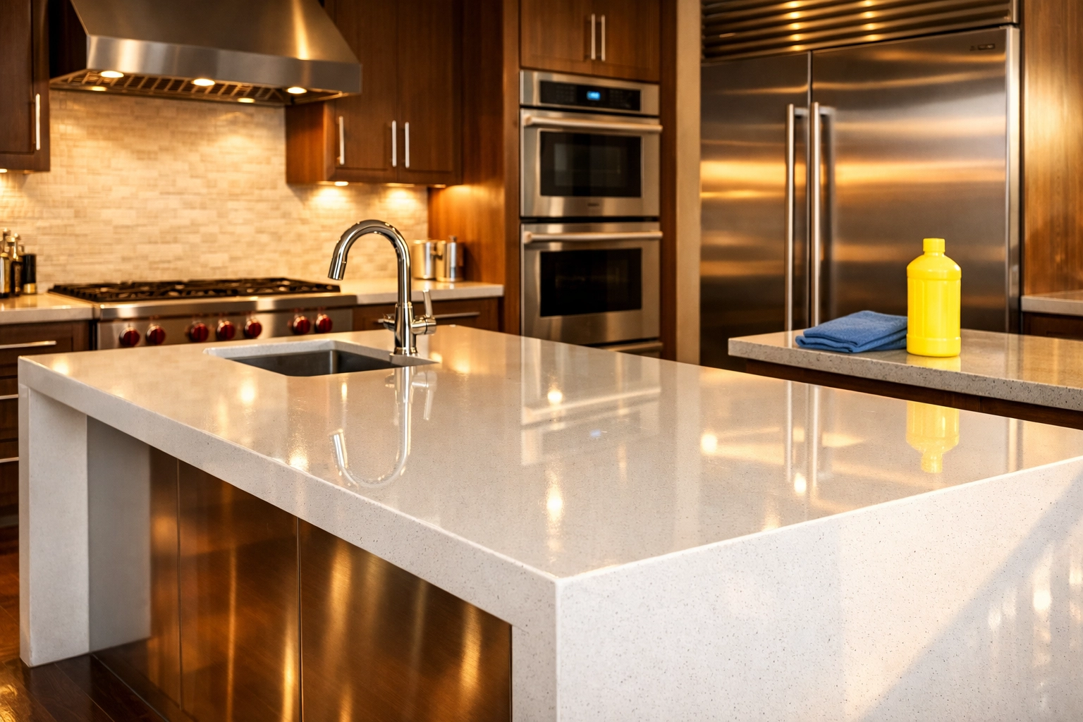 Deep cleaning services in a modern Weston MA kitchen with spotless stainless steel appliances.