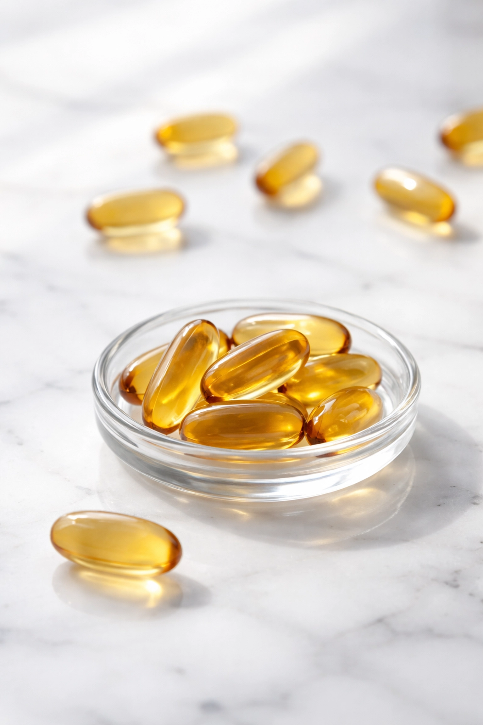 Amber supplement capsules on marble surface representing Low Dose Naltrexone use for chronic health conditions.
