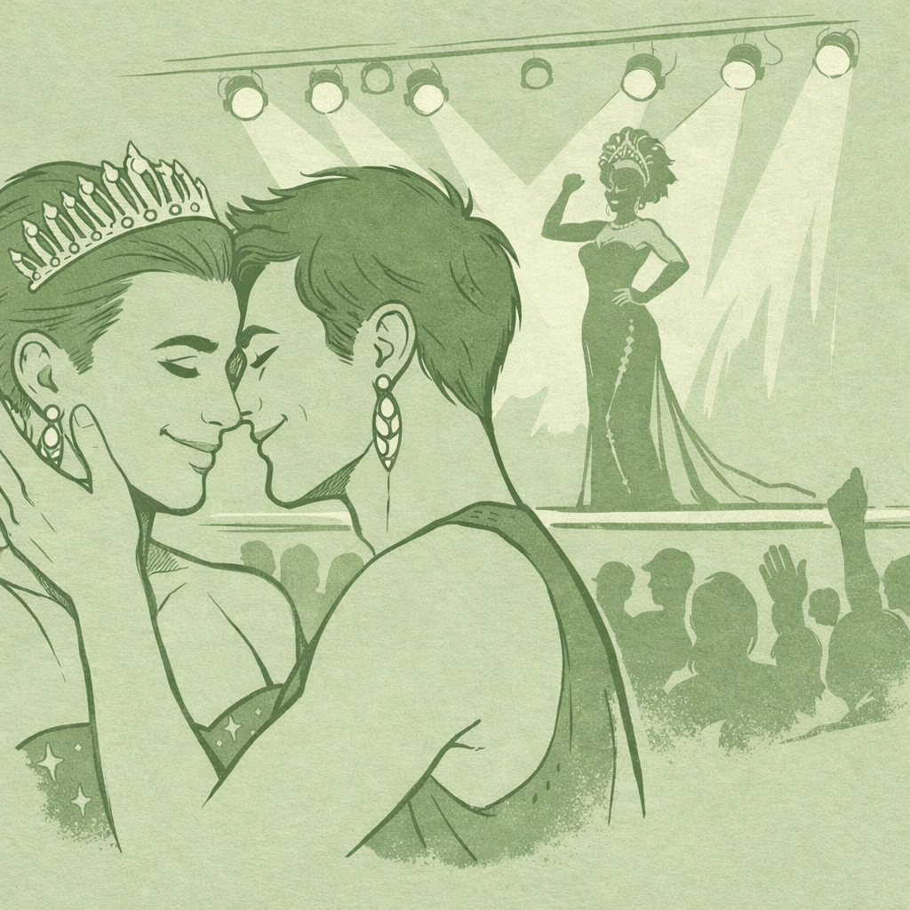 Drag queen performing on stage at national pageant competition under spotlights