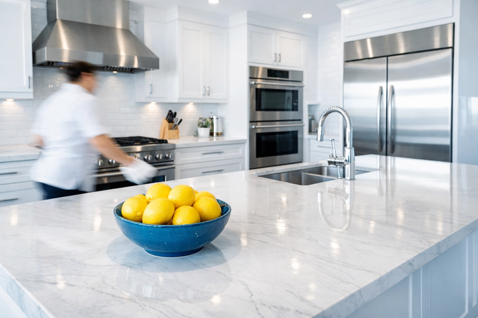 Expert professional cleaners in Burlington deliver streak-free results in a modern marble kitchen.