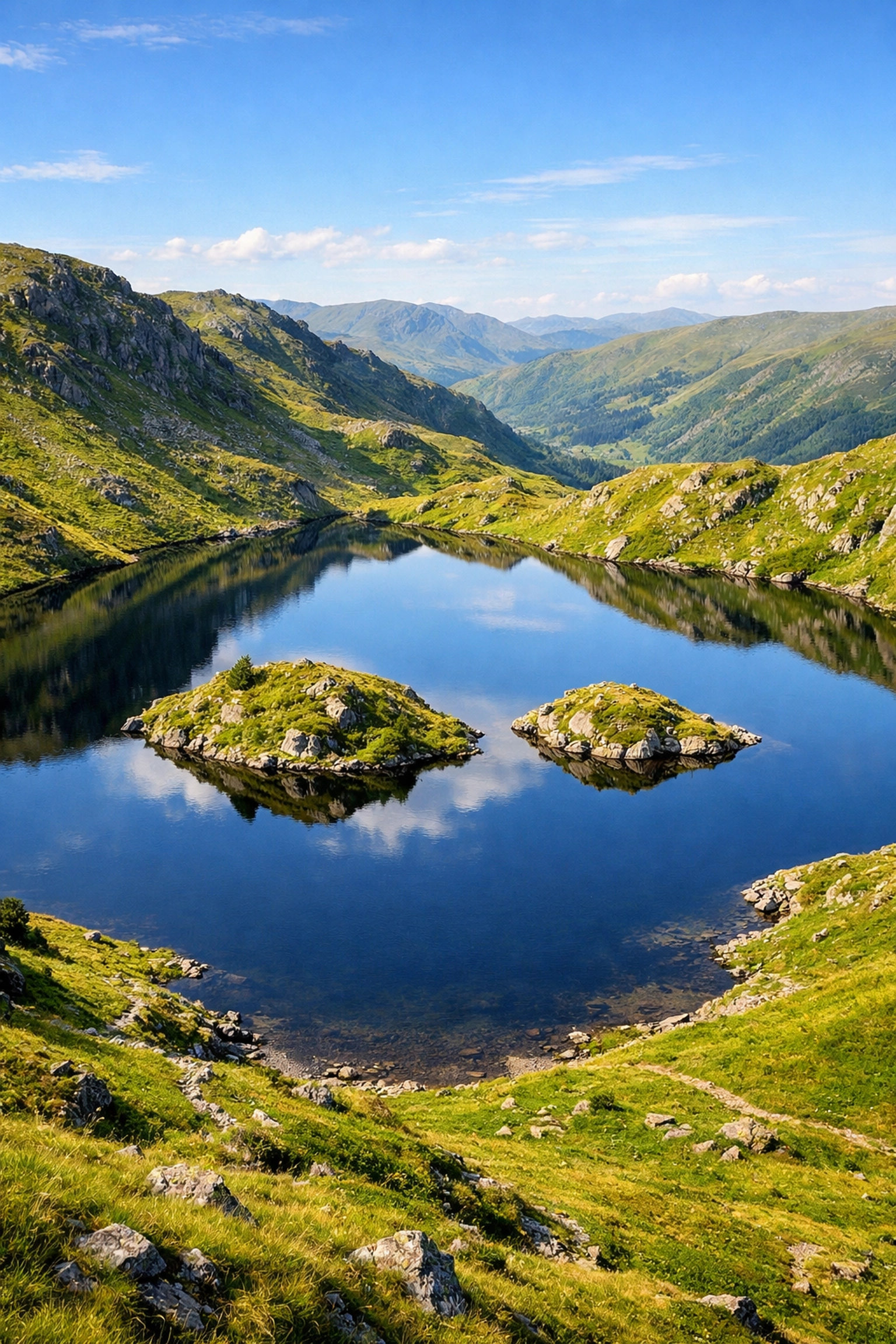 Still waters reflecting green peaks at Angle Tarn, a highlight for guided hiking tours in the UK.