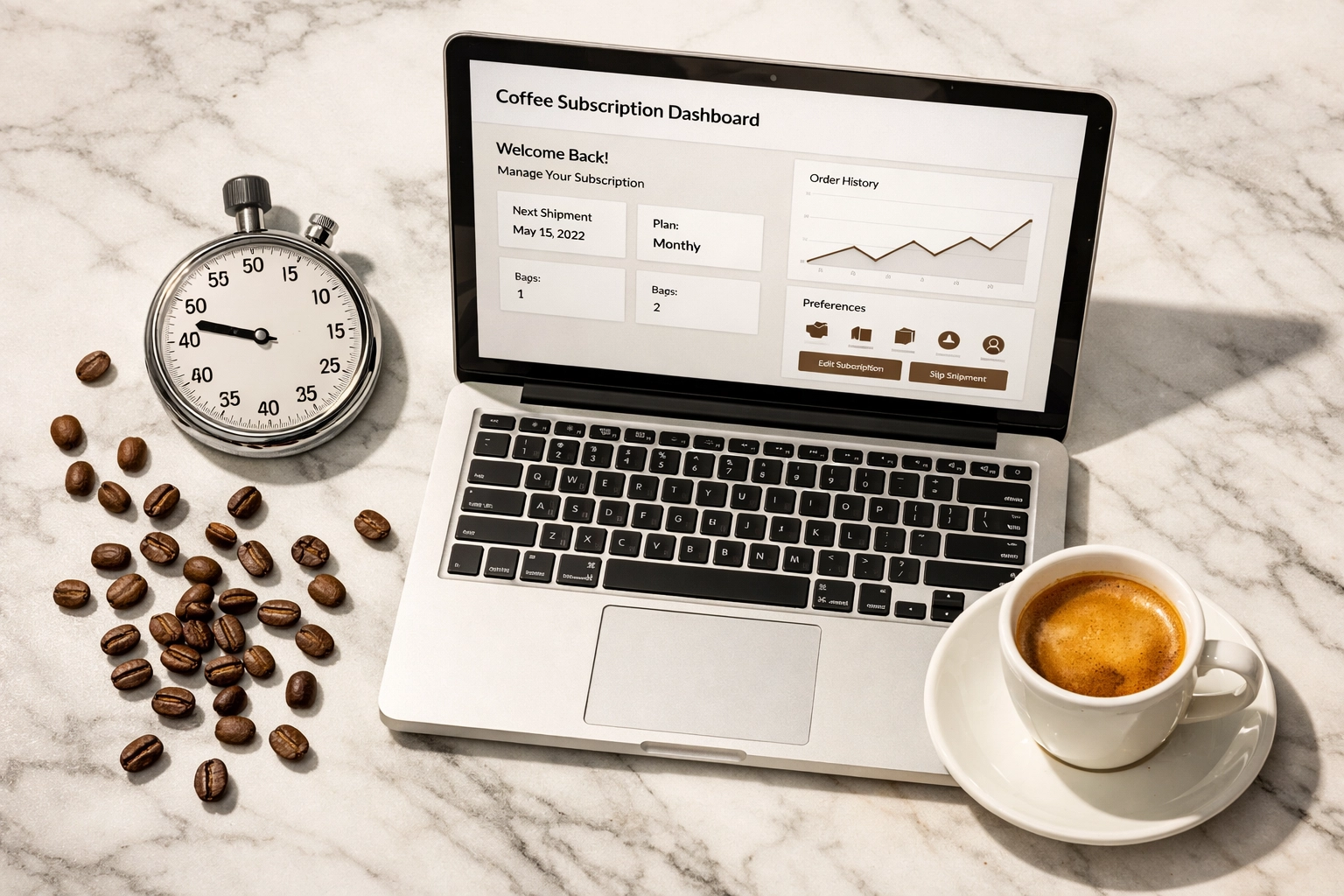 Easy coffee subscription management dashboard on laptop with espresso and coffee beans