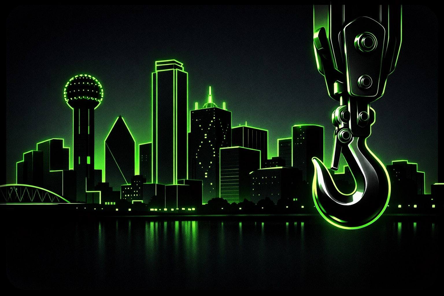 Stylized Dallas skyline with a tow truck hook representing professional local towing services.