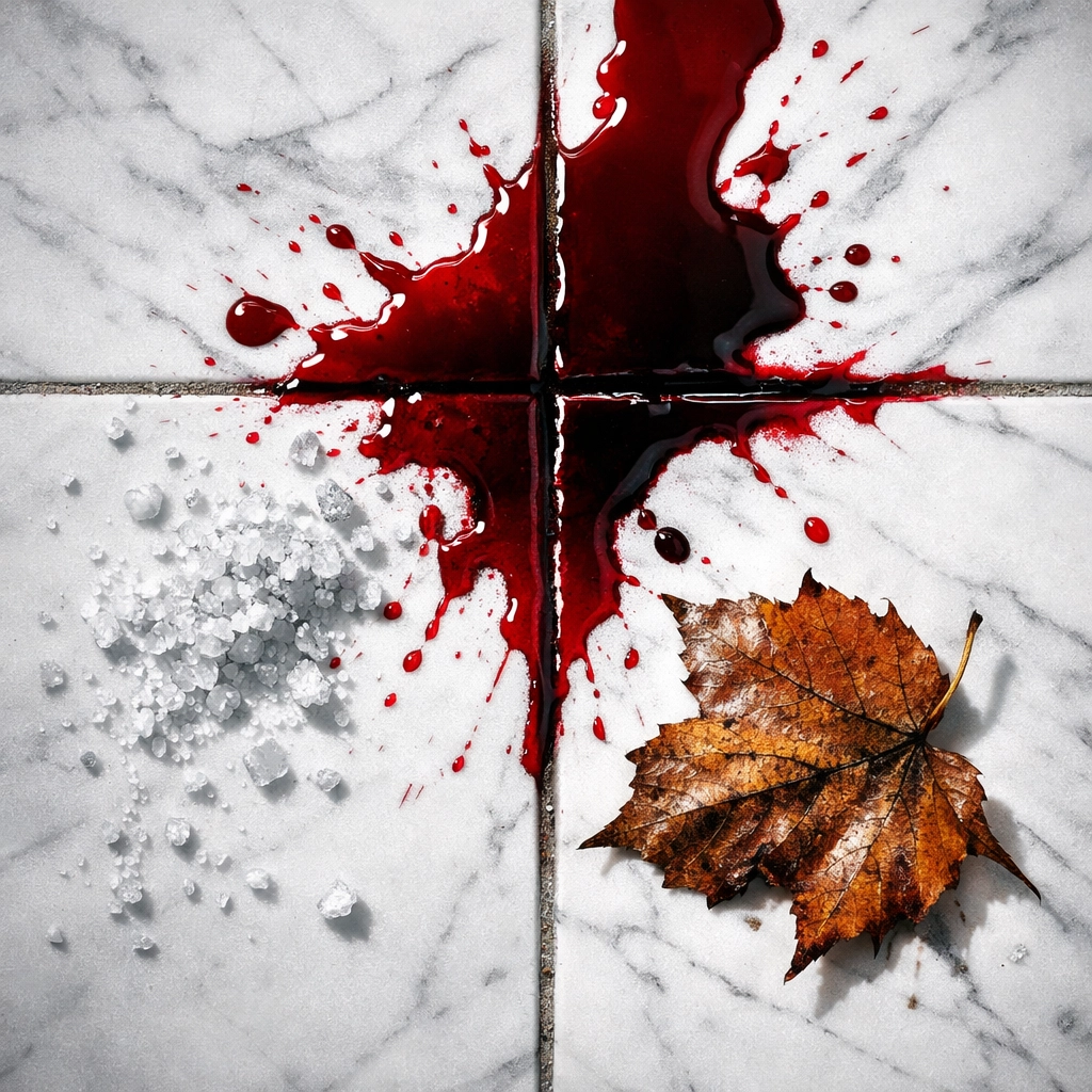 Red wine spill and road salt on a marble floor needing immediate house cleaning service.