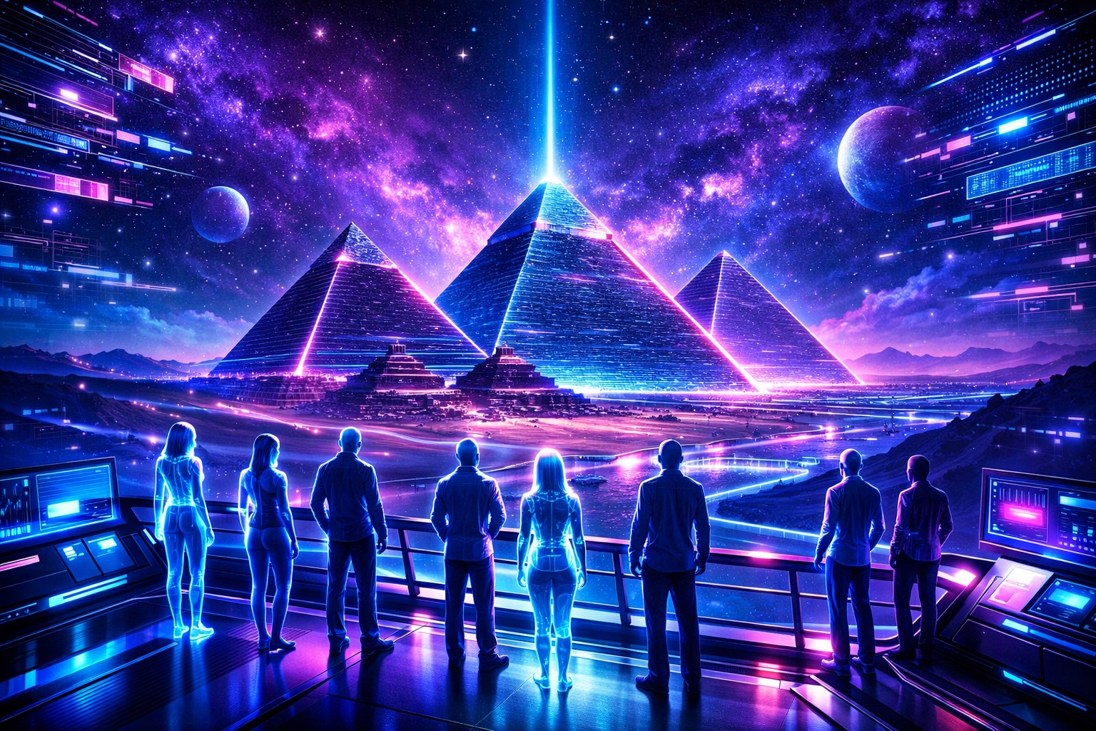 Holographic avatars exploring the neon pyramids during a virtual reality sightseeing tour for remote teams.