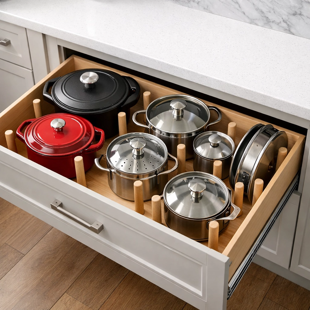 Custom deep drawer storage solution in a modern kitchen remodel showing organized cast-iron cookware.