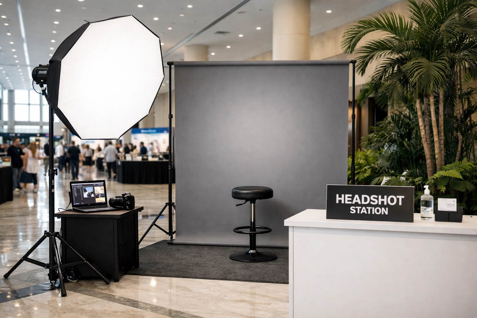 Commercial photographer Miami setting up a professional headshot station at a corporate trade show.