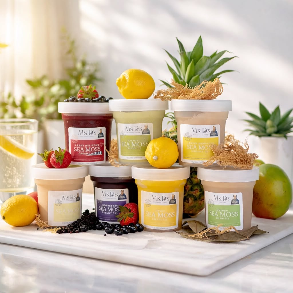 A sunlit display of Ms. D's Wellness Goods 16oz Sea Moss Gels in assorted flavors such as Berry Delicious, Elderberry, Lemon Meringue, Pineapple, and Plain, arranged on a marble board with fresh pineapples, lemons, strawberries, blueberries, mango, and sea moss, highlighting the freshness and variety of the premium, natural wellness products.