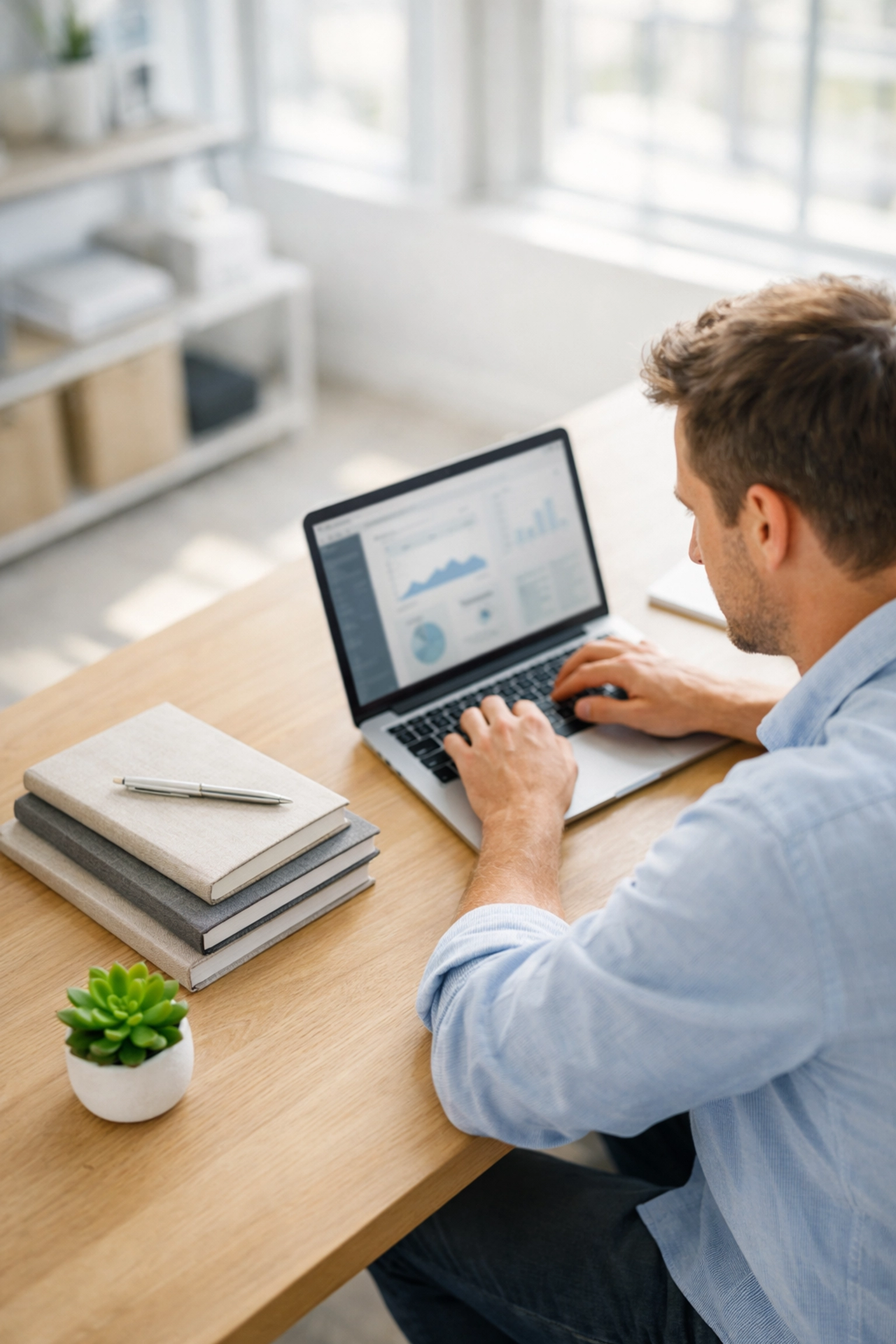 Startup founder organizing financial infrastructure and tracking expenses on a laptop in a modern office.