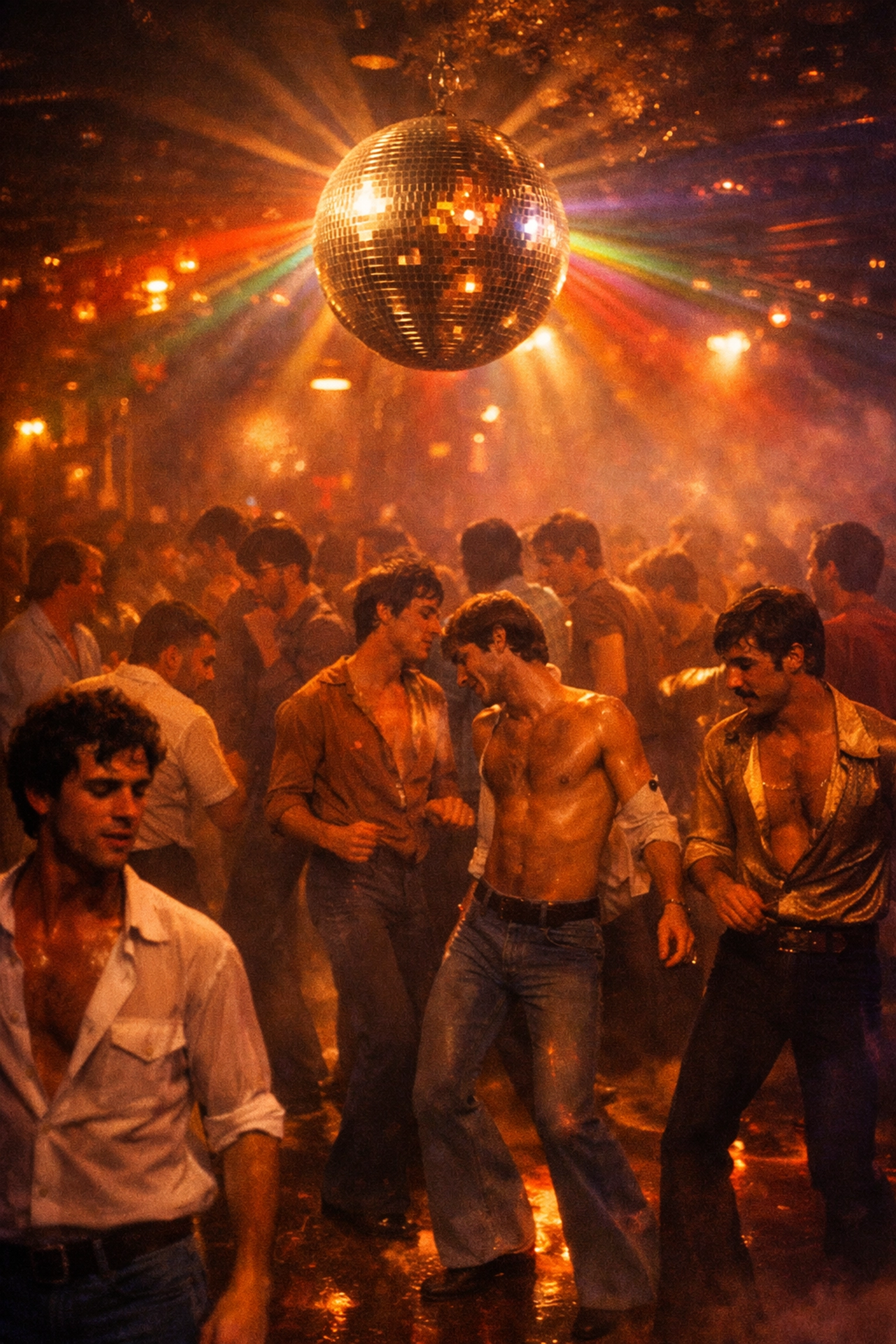 1970s New York gay disco scene with men dancing under mirror ball