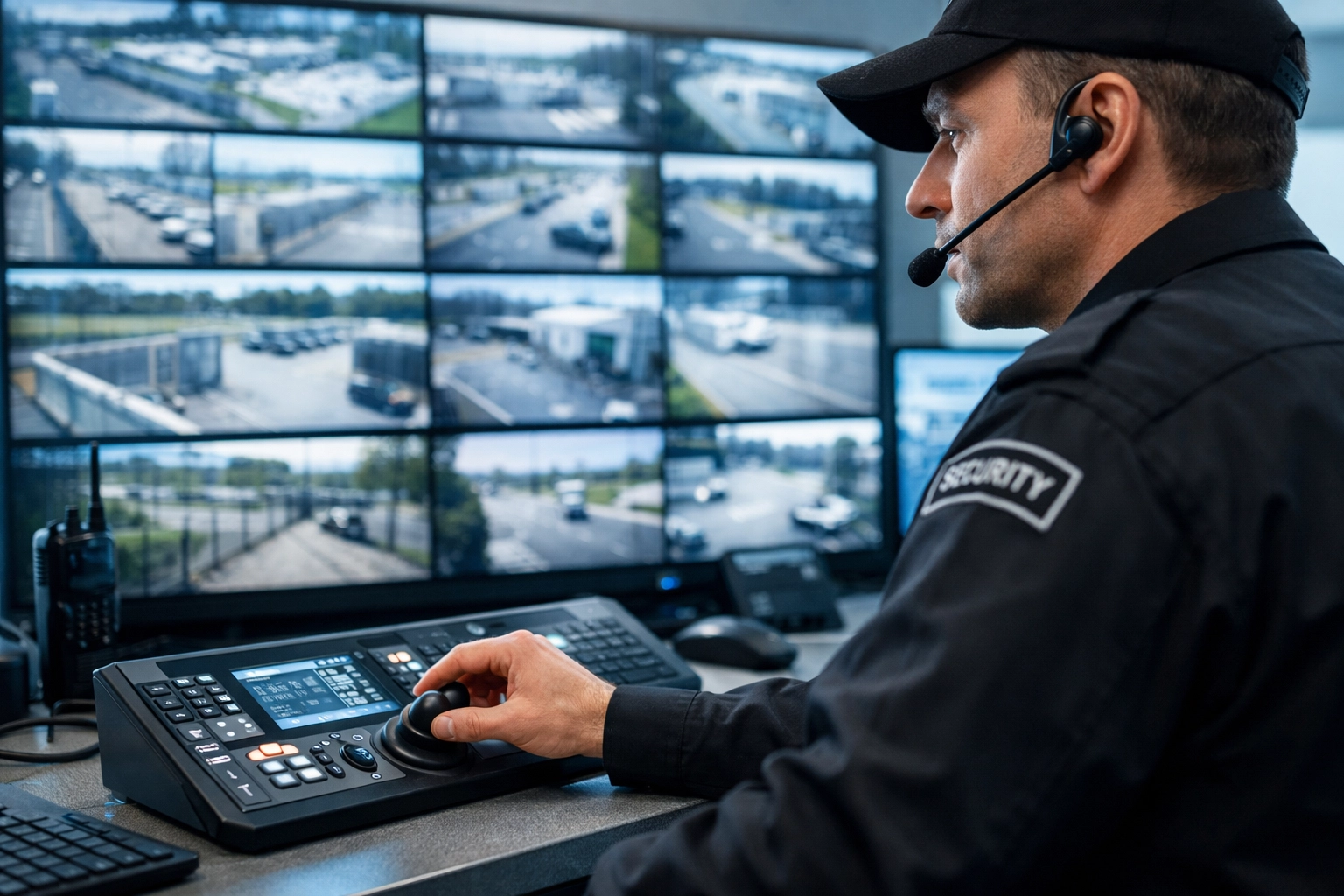 Security operative in a command centre using remote monitoring technology to optimize site safety and budget.