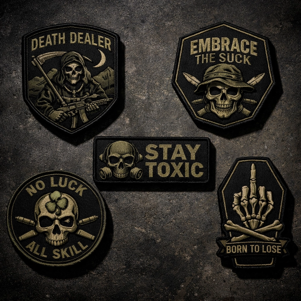 Curated military morale patch collection with cohesive designs on concrete