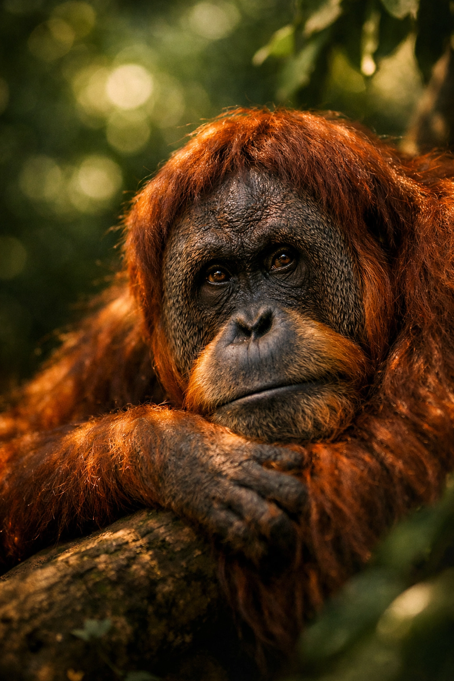 Detailed portrait of a Sumatran orangutan in its habitat, emphasizing authentic wildlife imagery.
