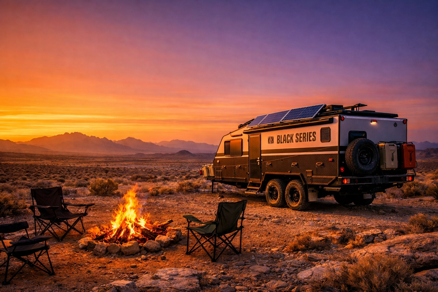 Black Series off-road trailer boondocking on remote desert BLM land with campfire setup