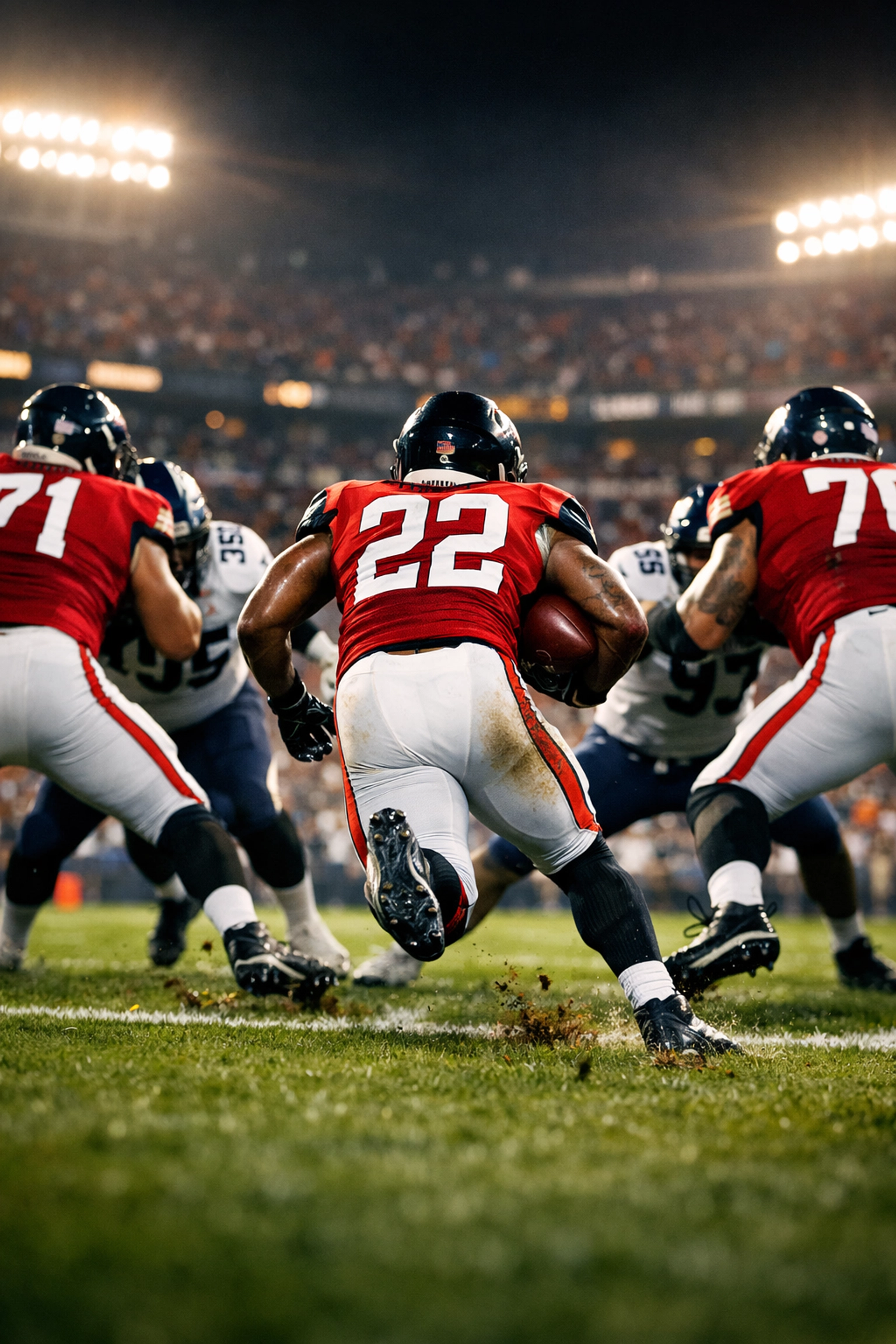 NFL running back accelerating through hole created by offensive line blocking